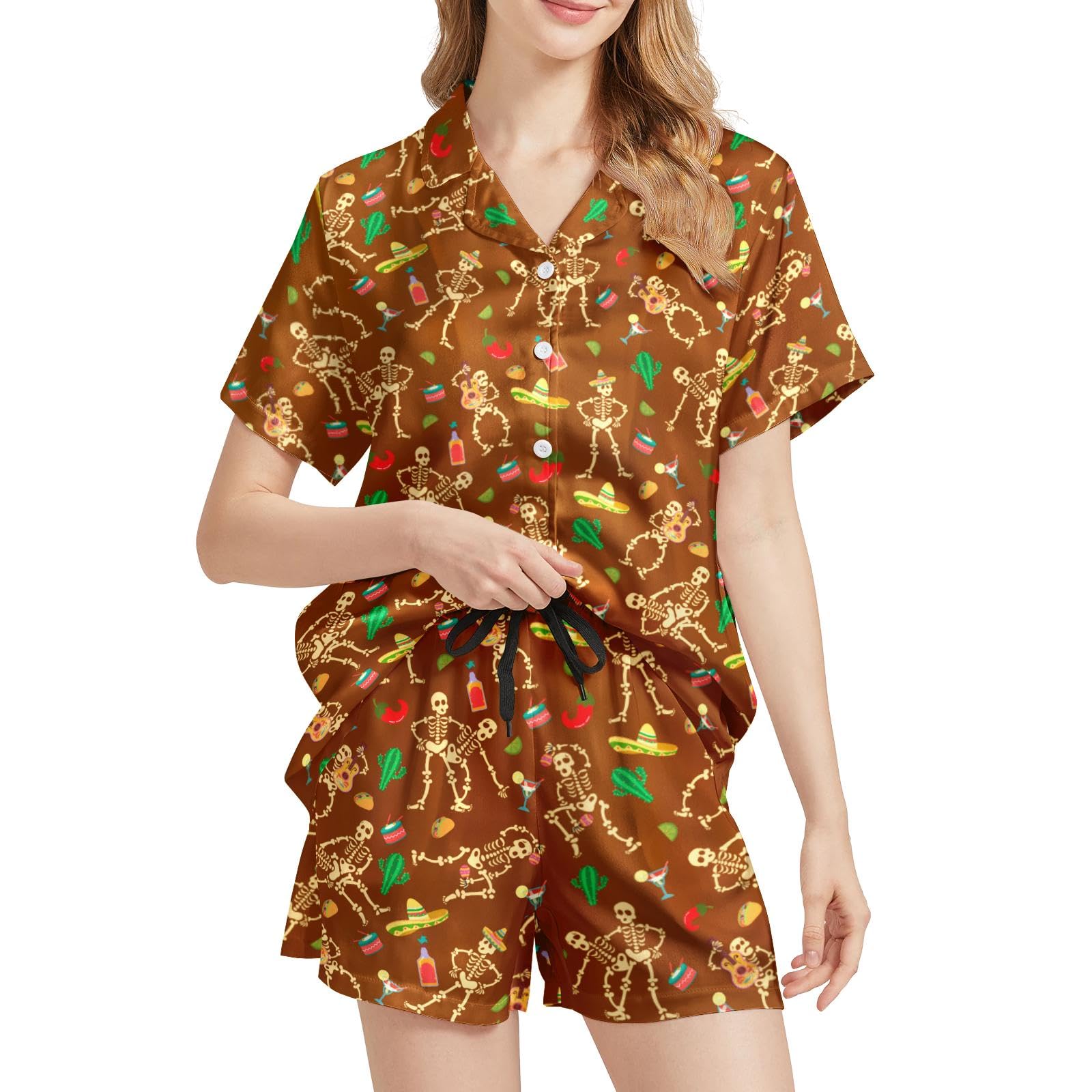 Funny Pajamas for Women Set Print Satin Loungewear Pjs Short Sleeve Button Down Top and Shorts Sets Sleepwear XS-3XL