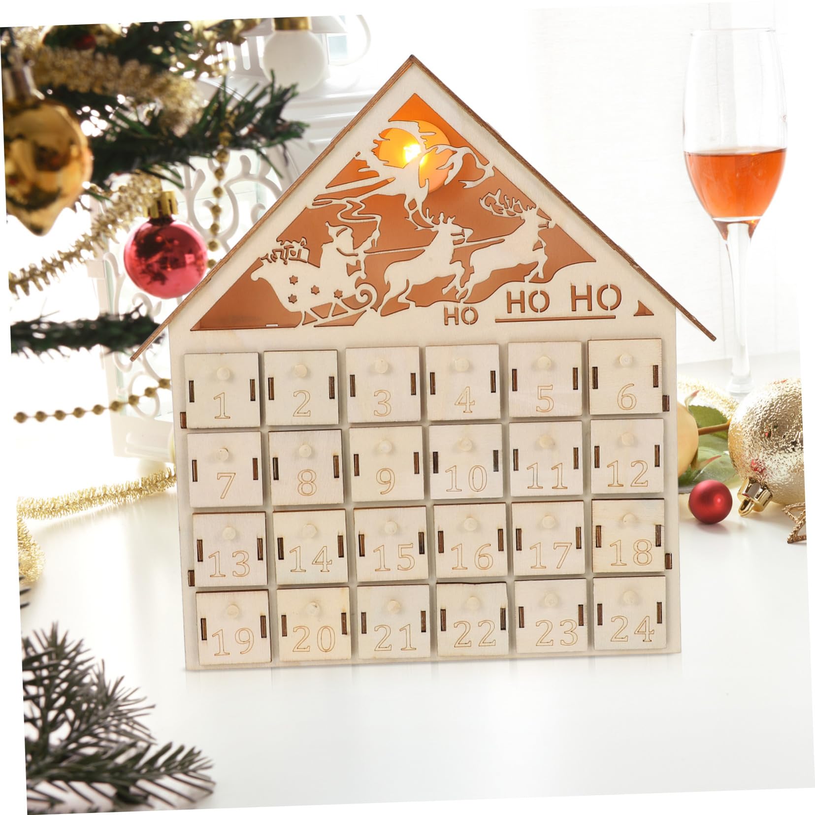 Calendario Avvento Natale in Legno con Luci LED Casa Conto alla Rovescia Riutilizzabile per Decorazioni Natalizie da Focolare e Villaggio Festivo