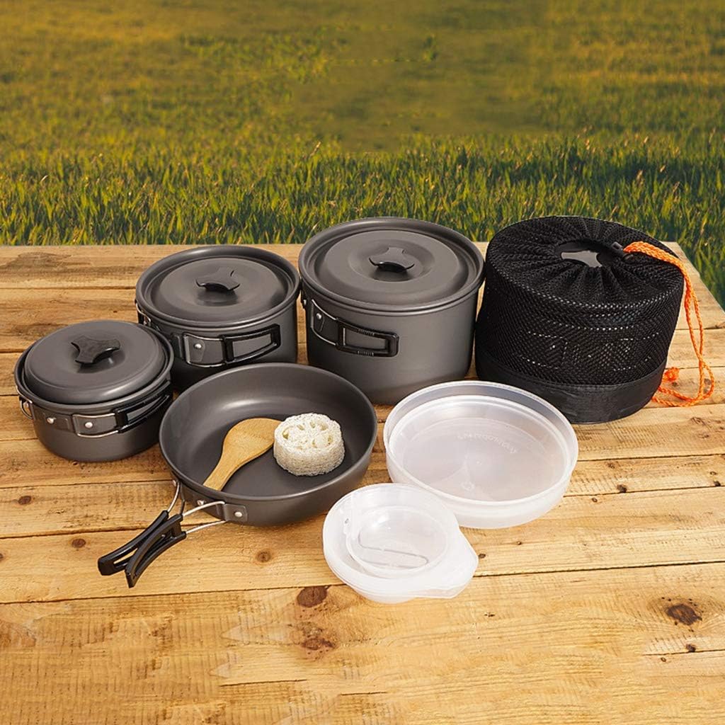 Protable Outdoor Camping Cookware Set Lightweight Camping Pots Pans Mess Kit Aluminum Picnic Cooking Set with Bag Camping Equipment for Backpacking Hiking Black 16 Pieces