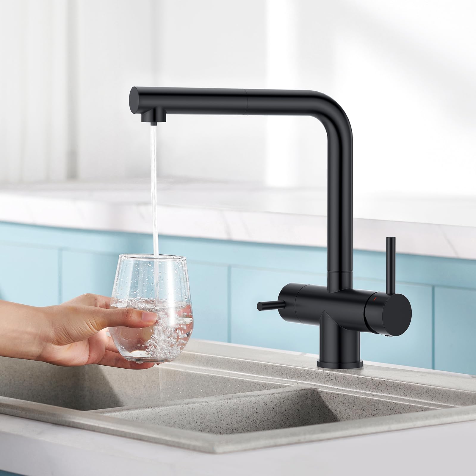 CREA Grifo Negro de Cocina de 3 vías con Ducha extensible, con 2 palancas | 3 en 1 Grifo de Agua Potable Para Cocina, Grifo mezclador de cocina, Grifo de Fregadero de Agua filtrada de ósmosis inversa