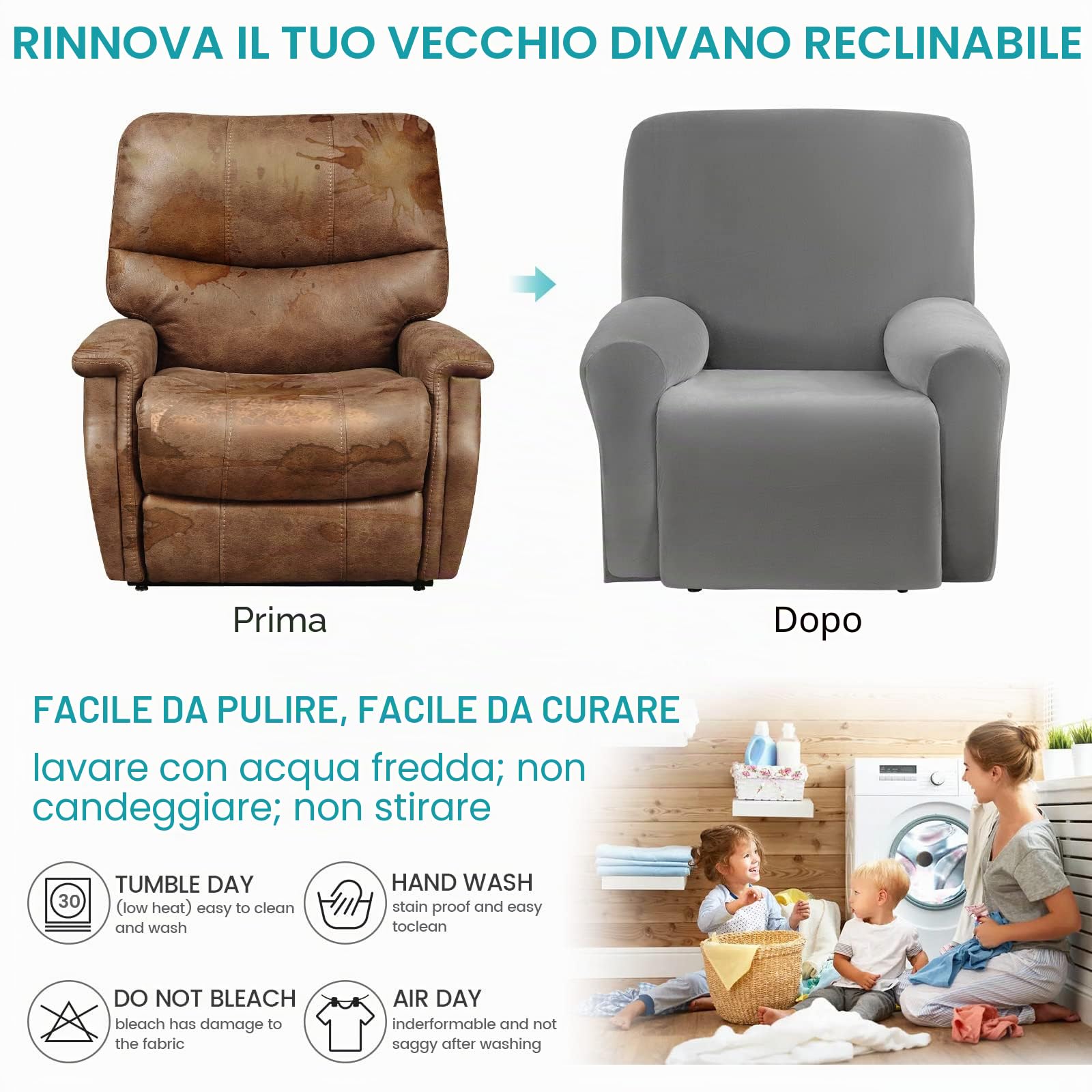 Jianyana Velluto Copripoltrona Relax Reclinabile Universale in 4-Pezzo，Premium Copripoltrona elettrica reclinabile Antiscivolo 1 Posto, Fodera per Poltrona Reclinabile (grigio)