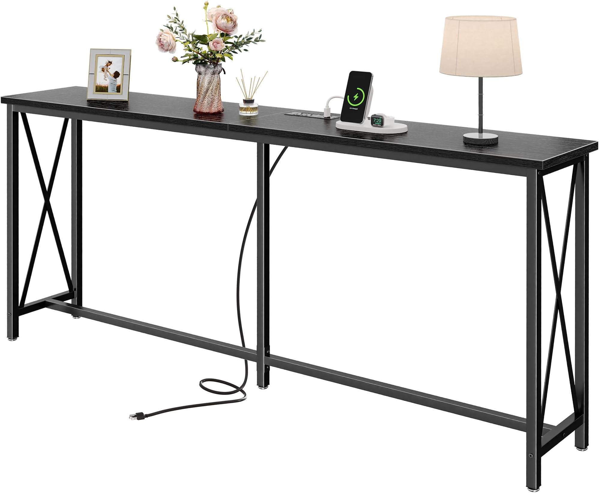 SUPERJARE 70 Inch Console Table with Outlets and USB-C Port, Extra Long Behind Couch Sofa Table with X-Shaped Design, Narrow for Entryway, Living Room, Metal Frame, Wooden Top, Black