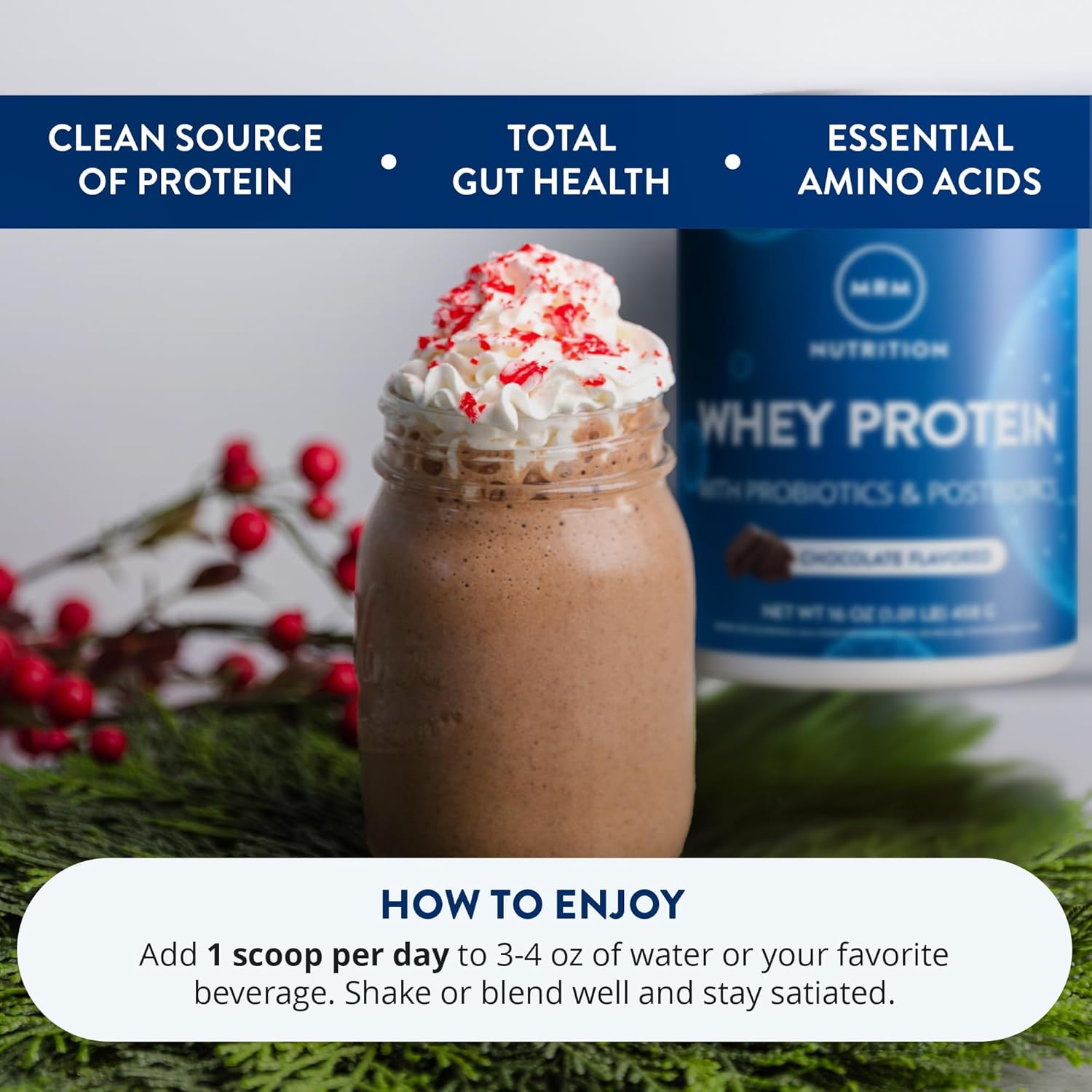 MRM Nutrition Whey Protein - Chocolate Flavored, Microfiltered Whey Protein Isolate & Concentrate, 16 Different Probiotic Strains, BCAAs, & Digestive Enzymes, Gluten Free, for Women & Men - 16 Servings