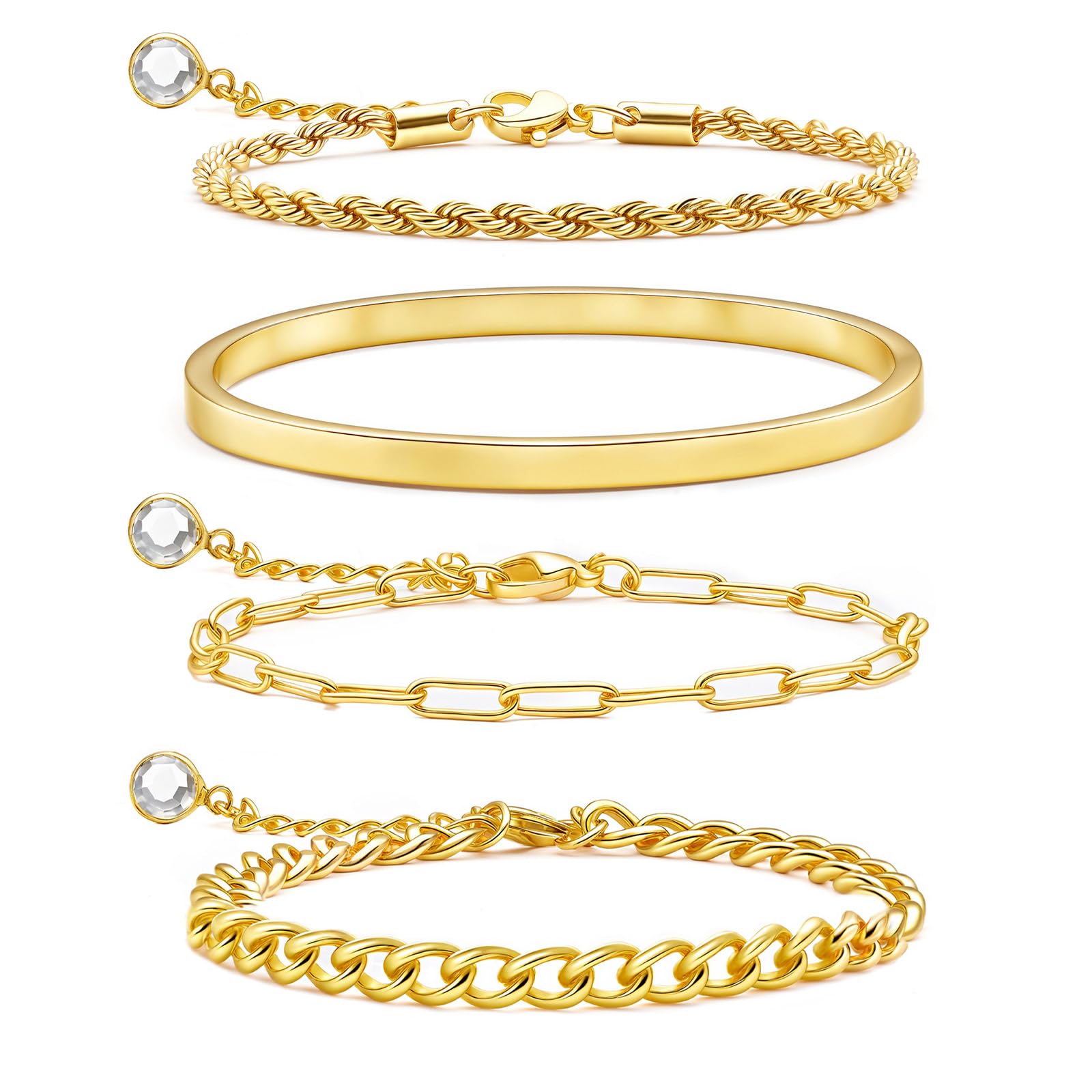 AamAccess Gold Bracelets for Women Trendy, 14K Gold Plated Stackable Adjustable Charm Paperclip Chain Cuban Link Layered Waterproof Jewelry Bracelet