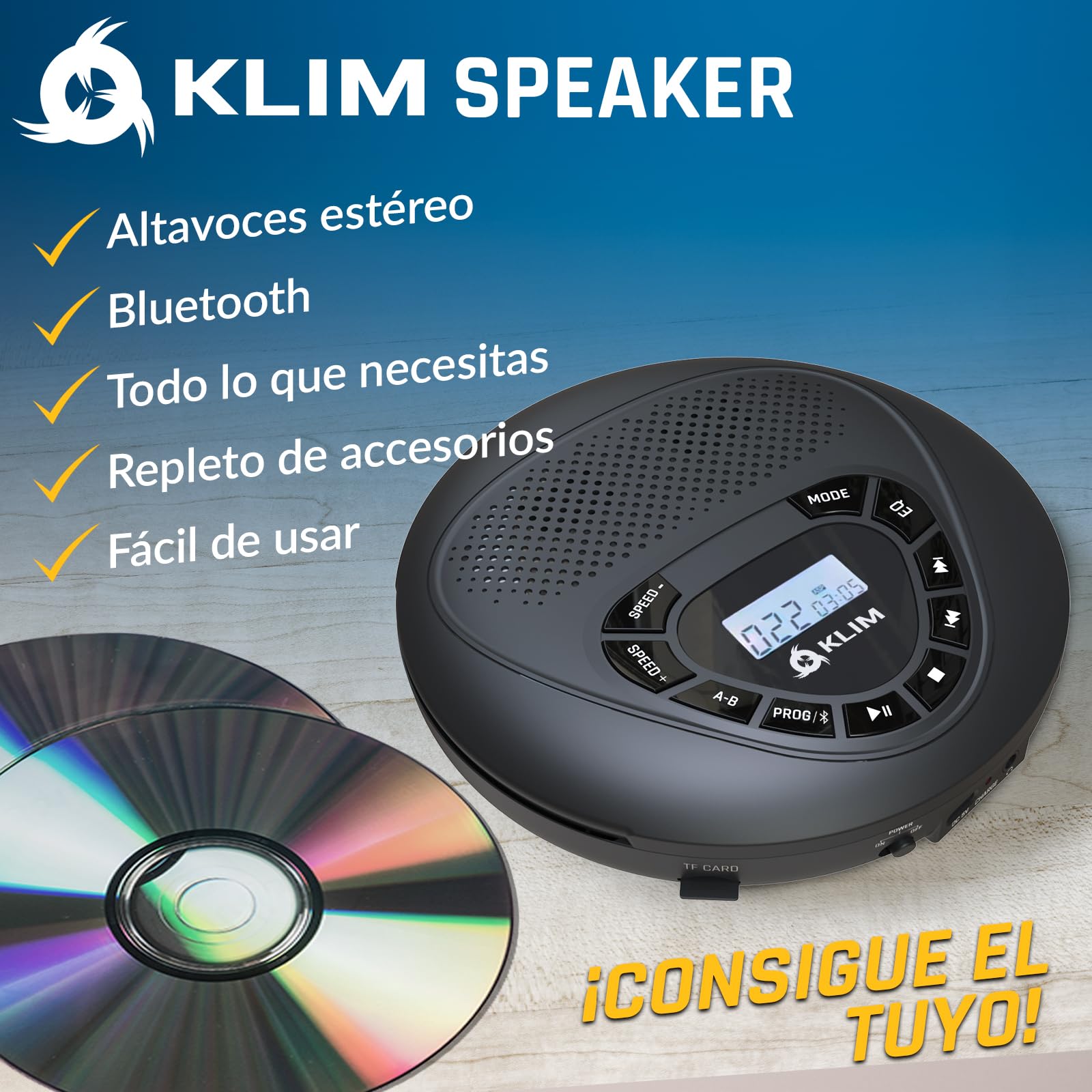 KLIM Speaker BT - Reproductor de CD portátil con Altavoces - Nuevo - con batería recarable - Discman CD portatil - Auriculares - Lector de Tarjetas SD/TF, AUX, Ideal para el Coche