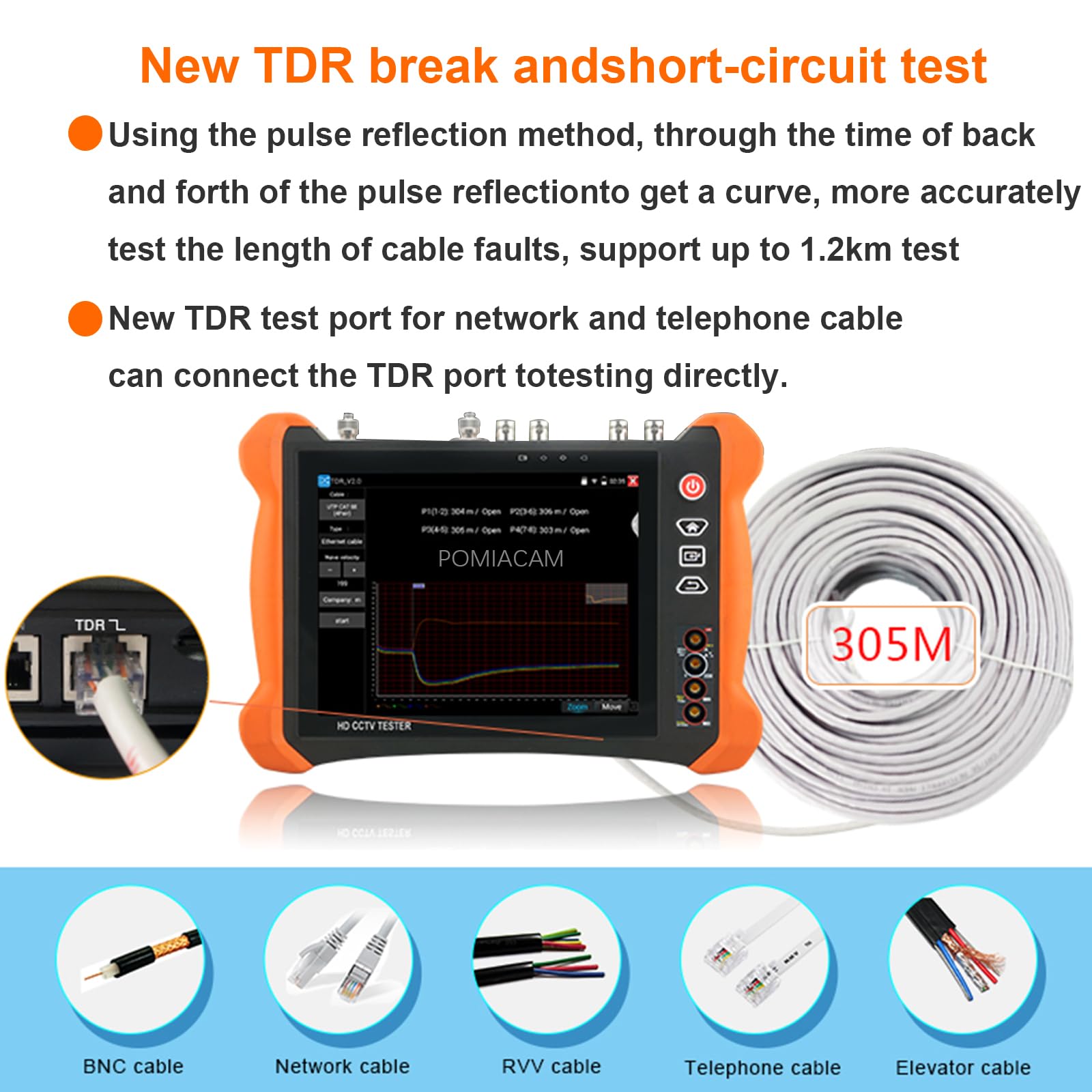 Tester CCTV X9MOVTADHS HD CCTV Tester, monitor da 8 pollici, Blackout HD CCTV Tester, 8MP CVI TVI AHD 8MP EX-SDI HD-SDI 3G-SDI Tester IP, supporto telecamera RJ45 Cavo TDR Test