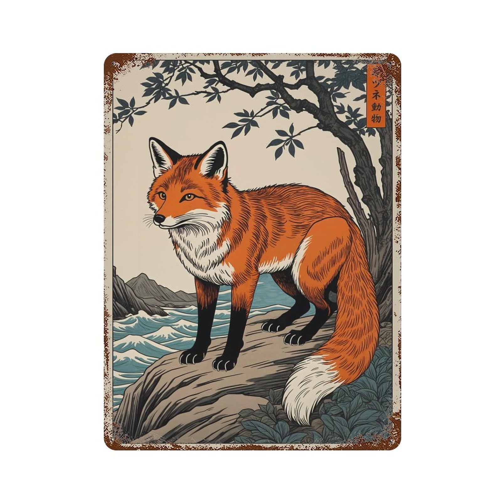 Fox Kitsune Aged Metal Wall Plaque 15.7"x11.8", Farmhouse Wall Decor for Patio, Garden Room And Bar Decor