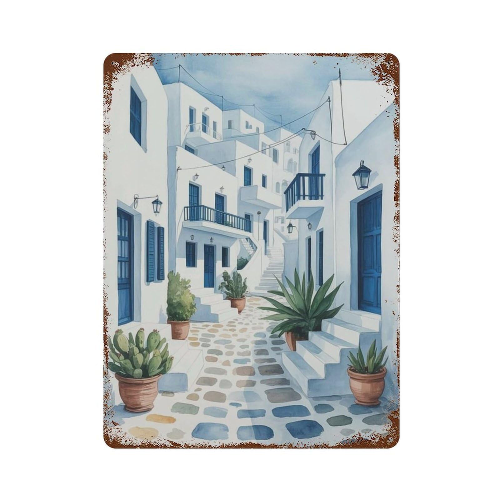 xiaoxiaoshen Santorini Greece – Blue White Coastal Mediterranean Seaside Landscape Watercolor Wall Decor Art Metal Tin Poster Modern Home Decor Art Home Bar Shop Decorations Vintage Sign 40x30cm