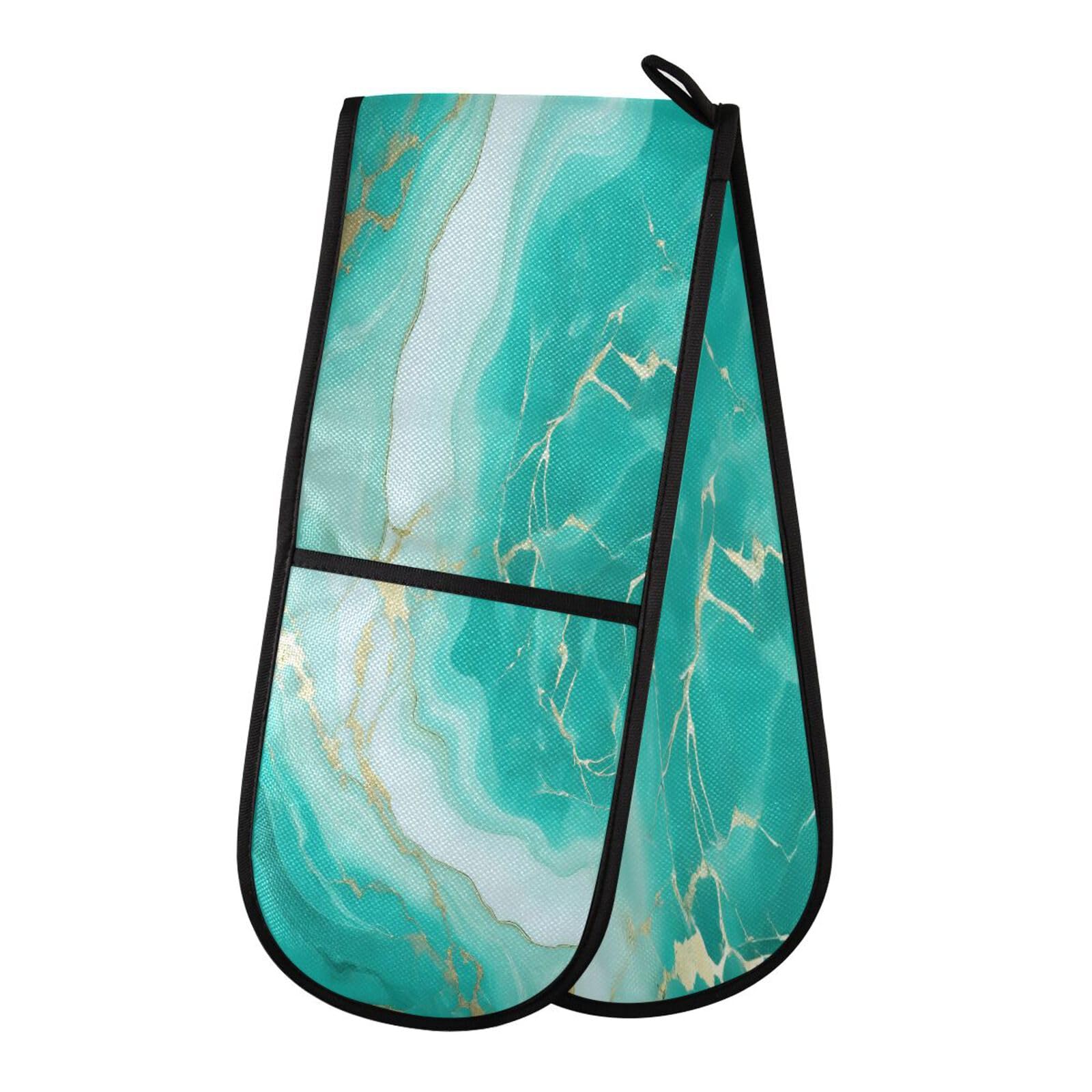 Abstract Green Marble Long Double Oven Mitts, Heat Resistant Quilted Kitchen Oven Gloves Extra Long Potholder 7" x 35" for Cooking Baking Microwave Grilling Barbecue