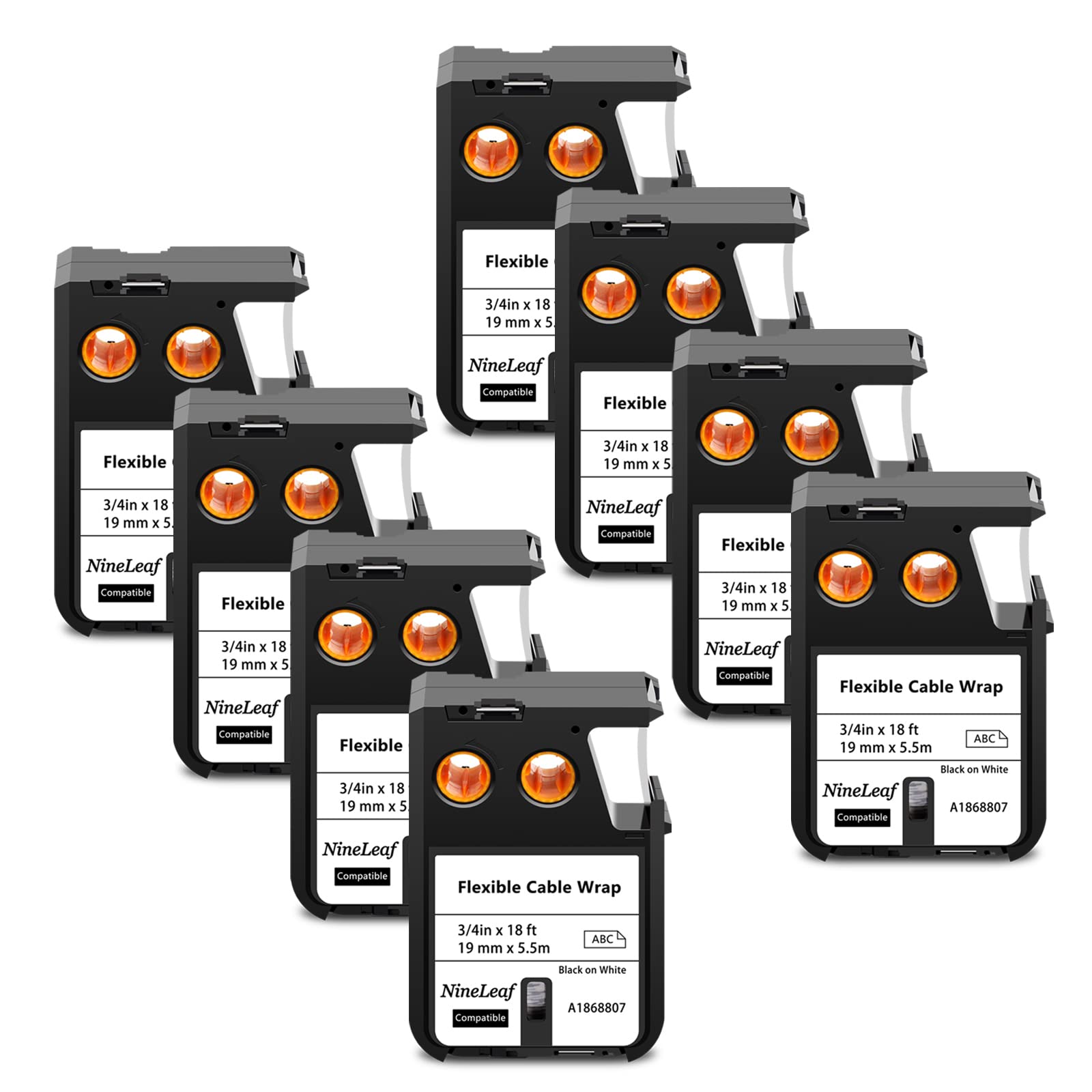 NineLeaf8 Pack Replacement for Dymo 1868807 A1868807 19mm x 5.5m 0.7'' 3/4 inch Black on White Flexible Cable Wrap Nylon Label Tape for Rhino XTL-300 XTL-500 Label Maker