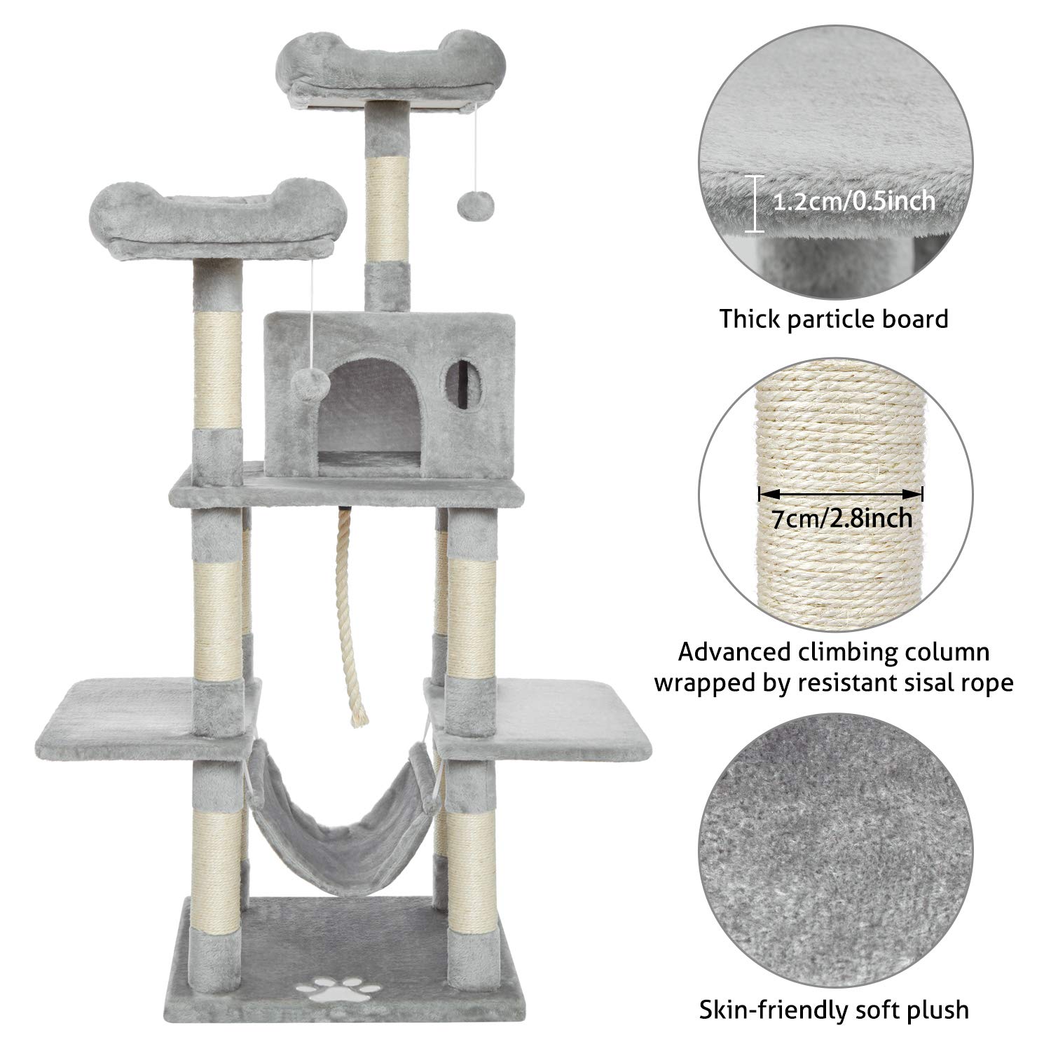 Meerveil Tiragraffi per Gatti con 2 Palle, 145cm Tiragraffi Albero di Gatto con Graffiatoio Gatto Tiragraffi Giocattolo in Sisal Naturale, Grigio Chiaro