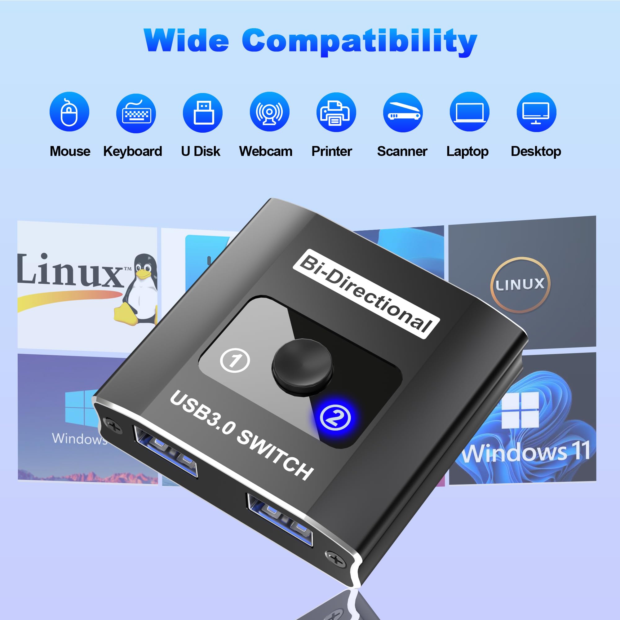 Switch USB Bidirezionale USB Switch 2 in 1 out (1 in 2 out) Switch KVM, condivisione di 1 dispositivo tra 2 computer per stampante, PC, stampante, tastiera, scanner