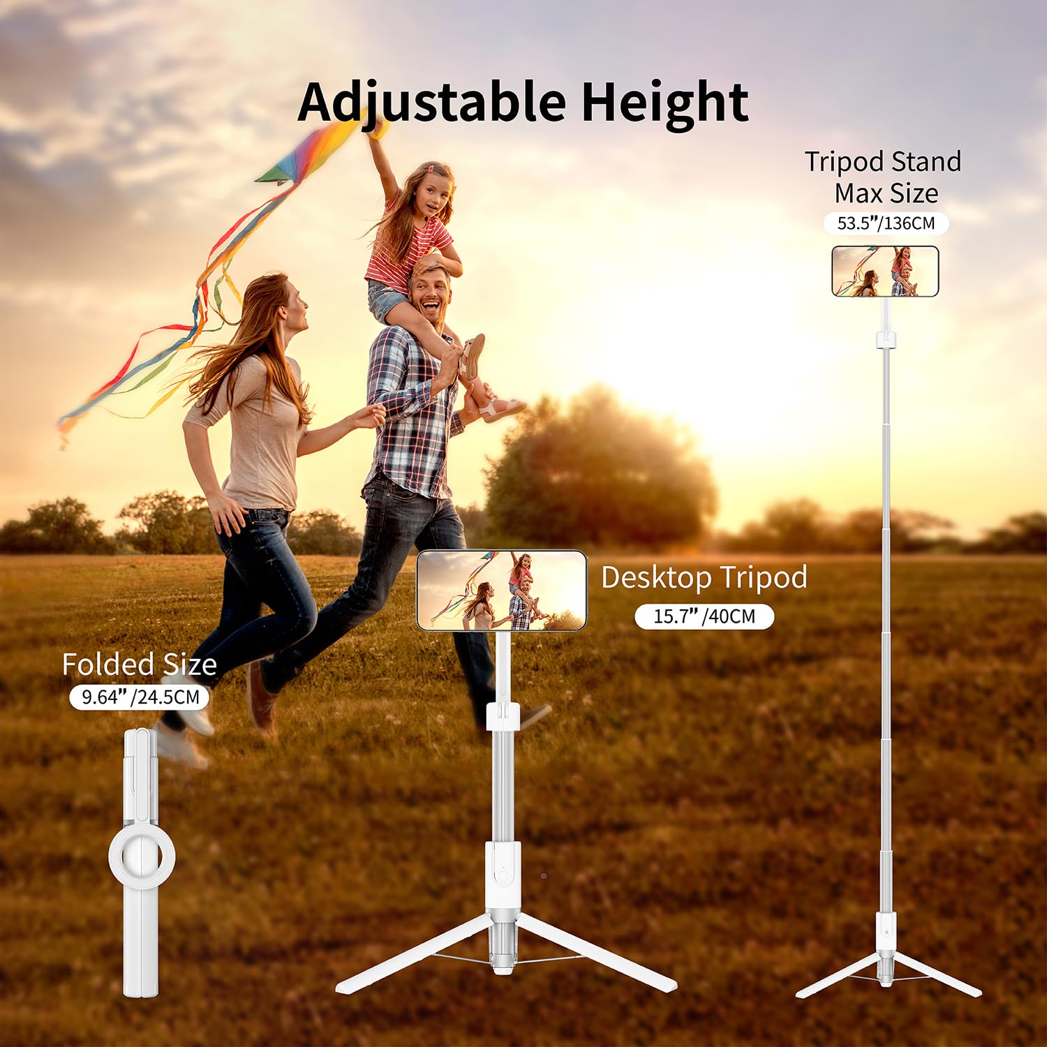 SEAJIC - Trípode magnético para iPhone Selfie Stick con control remoto y anillo de metal, teléfono para grabación de video, soporte de teléfono celular para teléfono celular (blanco, 54 pulgadas)