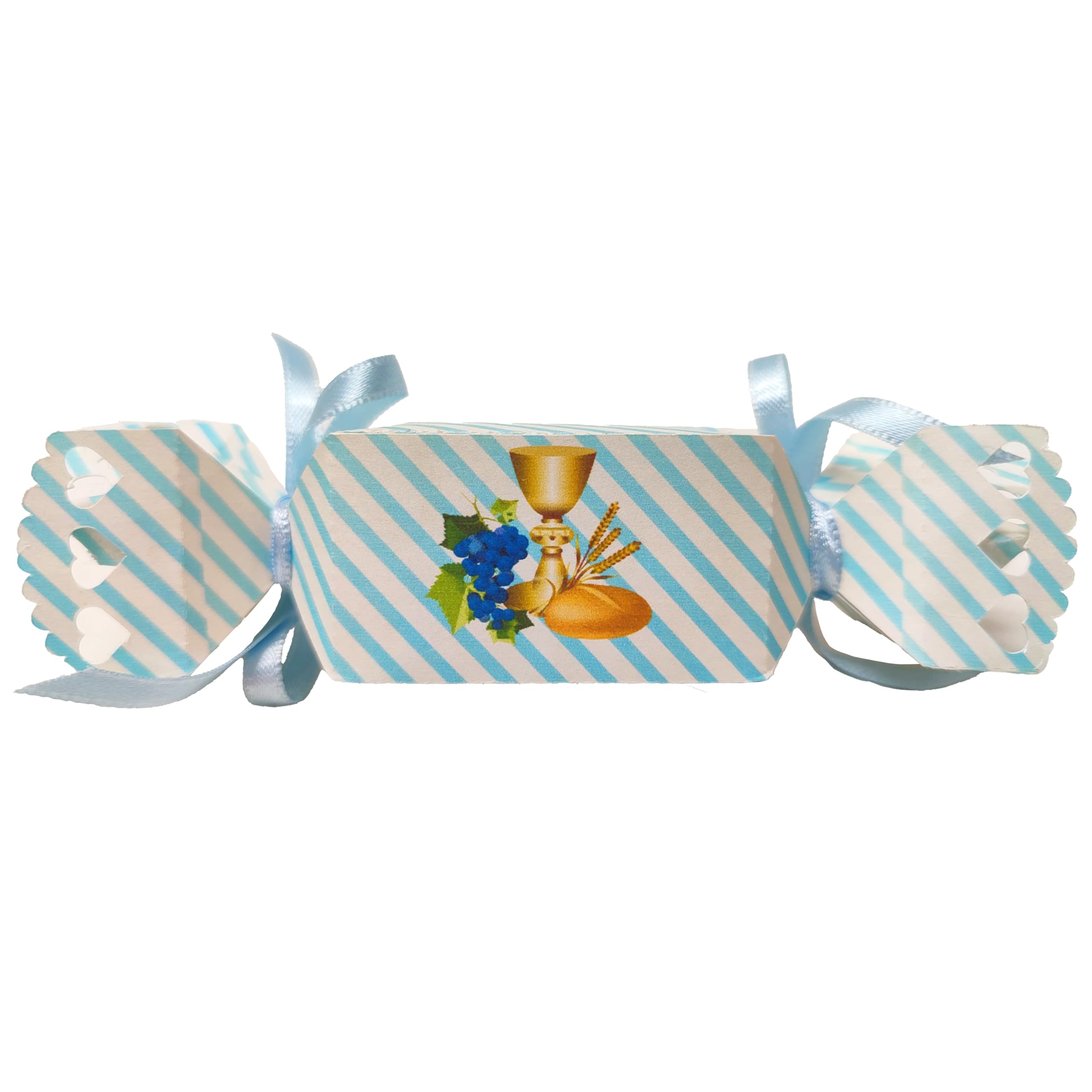 40 PEZZI Scatolina Sacchetto Bomboniera Segnaposto a forma di Caramella bianca e strisce azzurre PERSONALIZZABILE Nascita Battesimo Comunione Bimbo COMPLETO, contiene 5 confetti