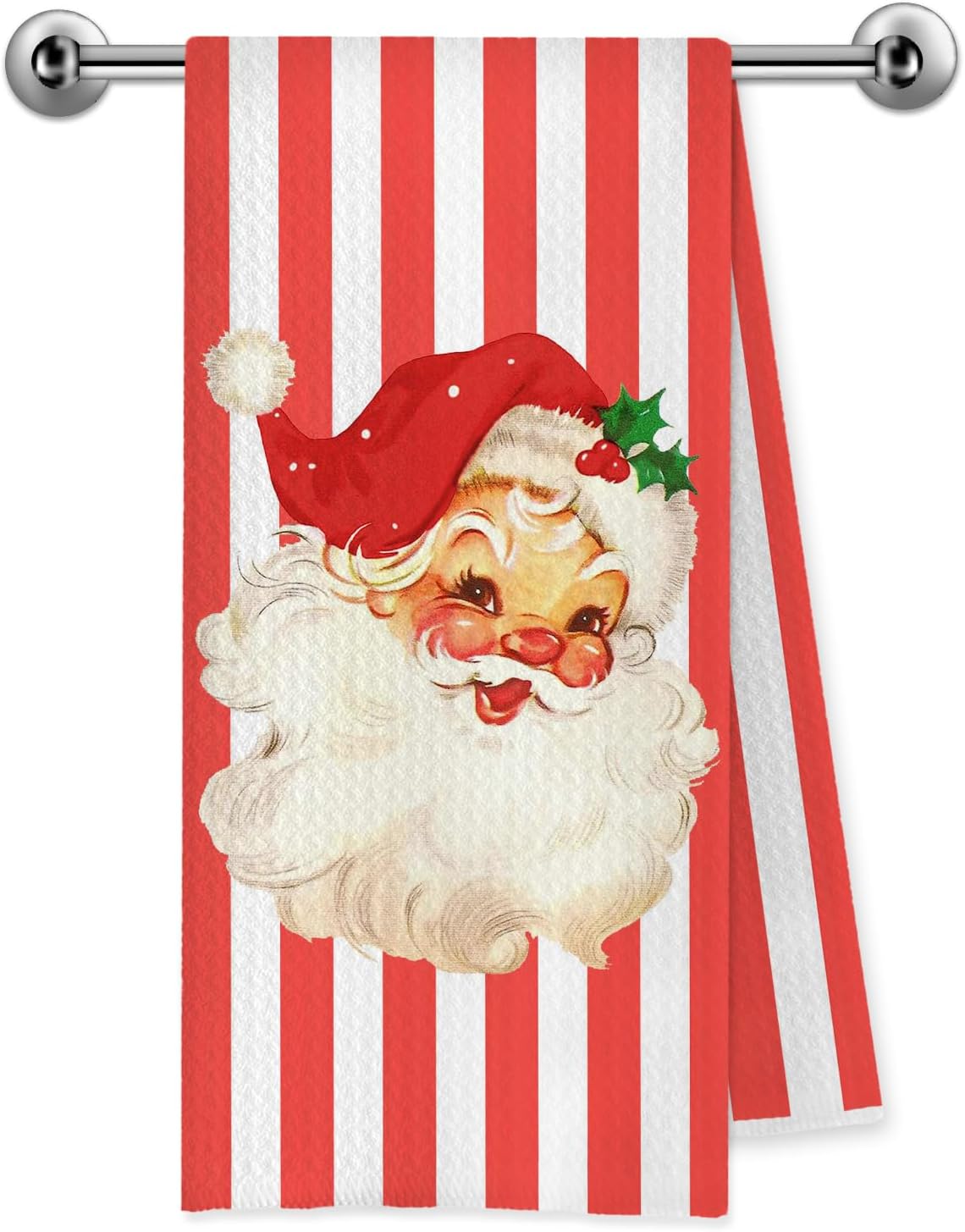 Red Santa Claus Christmas Kitchen Towels, Christmas Santa Decor, Vintage Xmas Holiday Red and White Striped Decorative Dish Tea Hand Towels for Kitchen Bathroom, 16x24 Inch