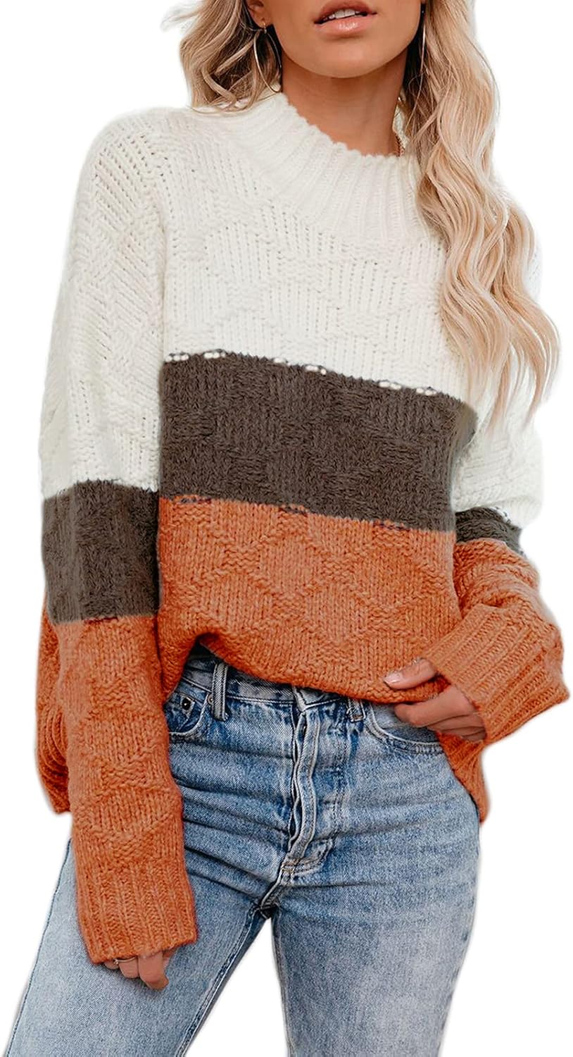 ANCAPELION Women’s Casual Sweater Pullover Winter Cozy Long Sleeve Turtleneck Jumpers Color Block Knit Pullover Top Loose Fit