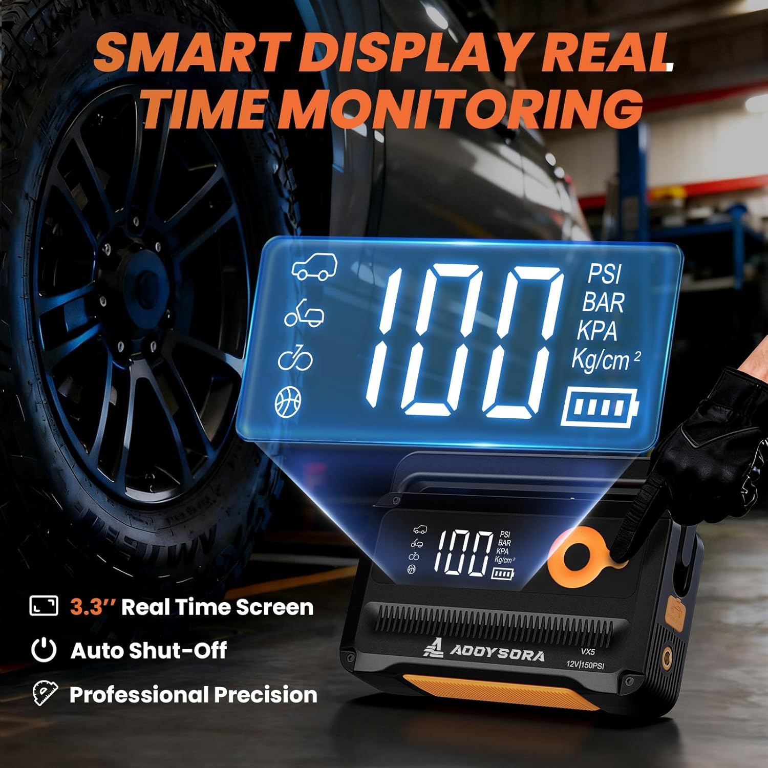 9-in-1 6000A Car Battery Jump Starter with Air Compressor 26800mAh, 150PSI 12V Portable Jump Box with Auto-Shutoff Tire Inflator, 3 Modes Flashlight and Jumper Cables(All Gas/12L Diesel) - Image 5