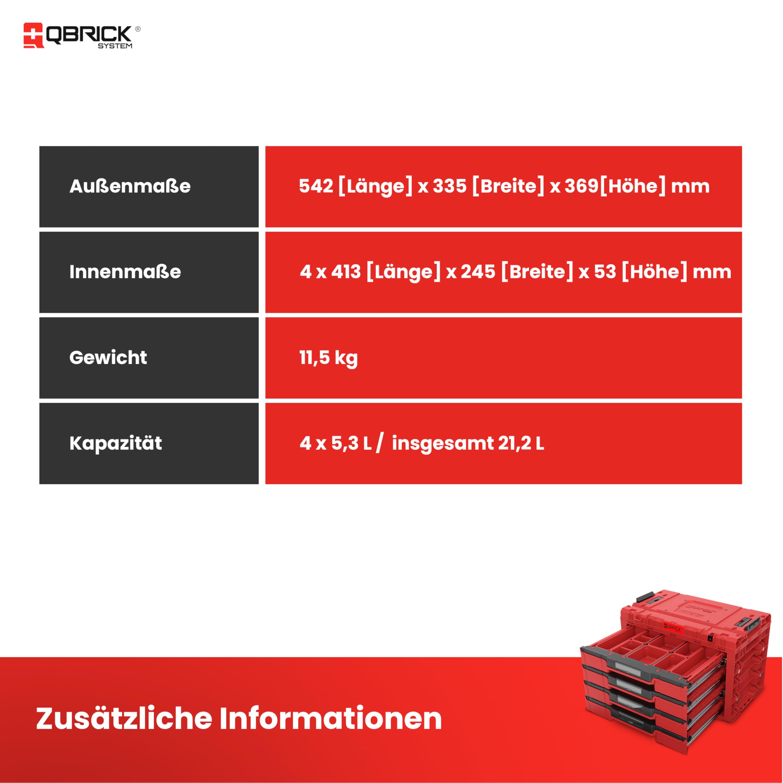 Qbrick System Pusta skrzynka narzędziowa - 4 przegródki - walizka narzędziowa - 542 x 335 x 369 mm czerwona