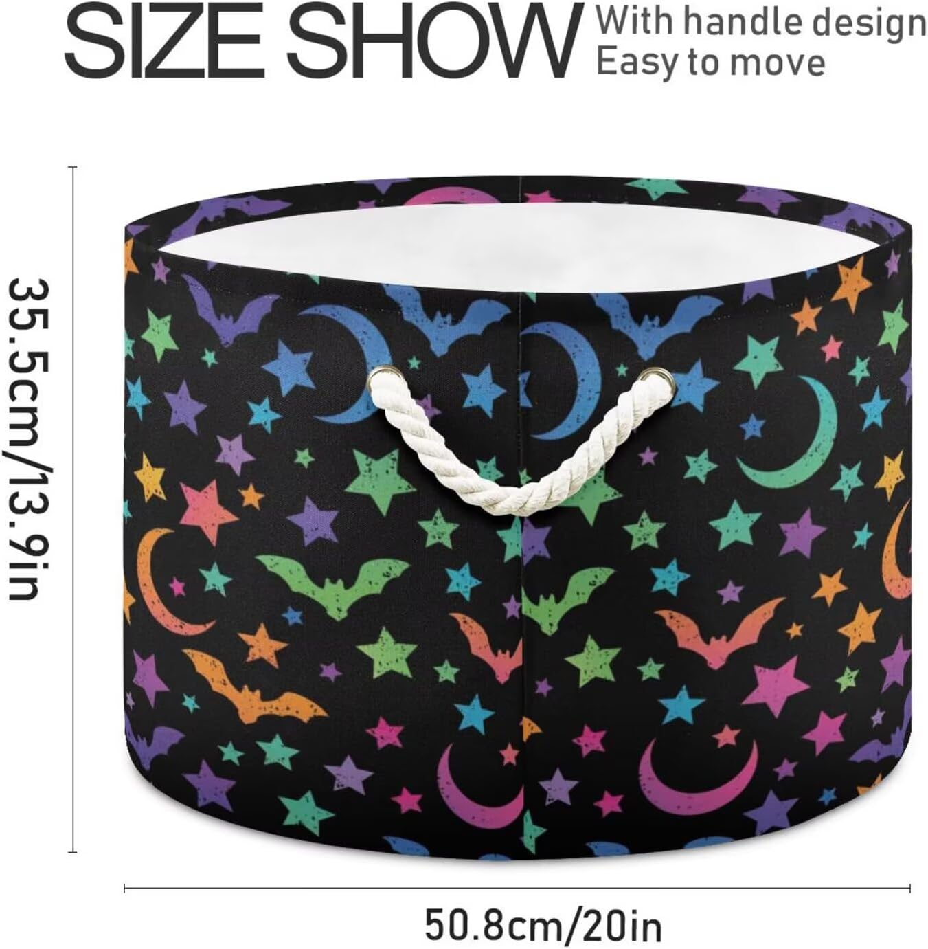 Colorful Bats Moon Stars Print Round Storage Basket Goth Style Large Laundry Hamper 20 x 20 x 14 Inches Organizer Bin with Cotton Rope Handles Clothes Storage Bag for Nursery Bedroom Living Room Decor