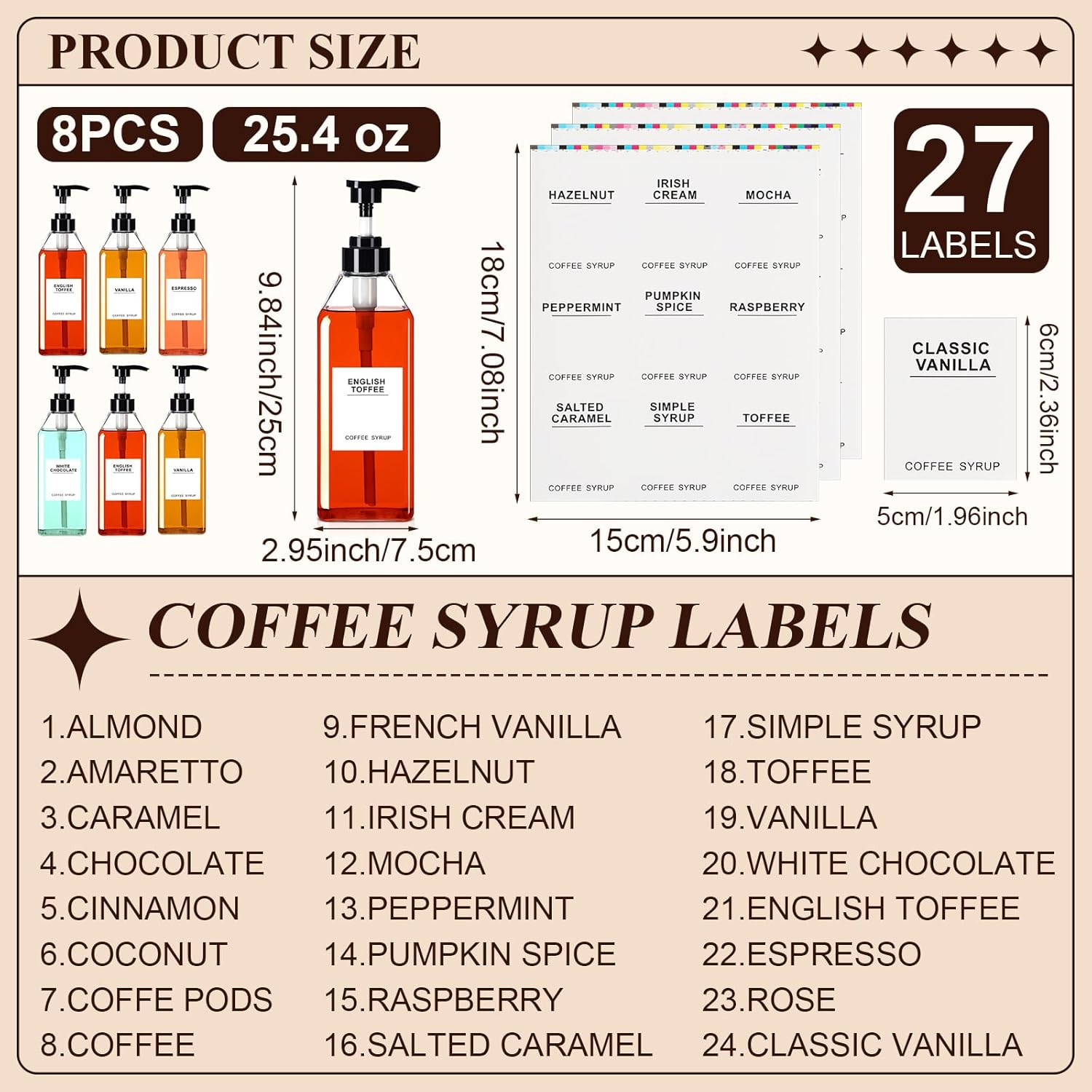 Nuogo 8 Pcs Coffee Syrup Bottles 25.4 Oz/750ml Syrup Pump Dispenser Pump Bottle for Coffee Empty Black Bottle with 27 Comprehensive Labels Kitchen Accessories