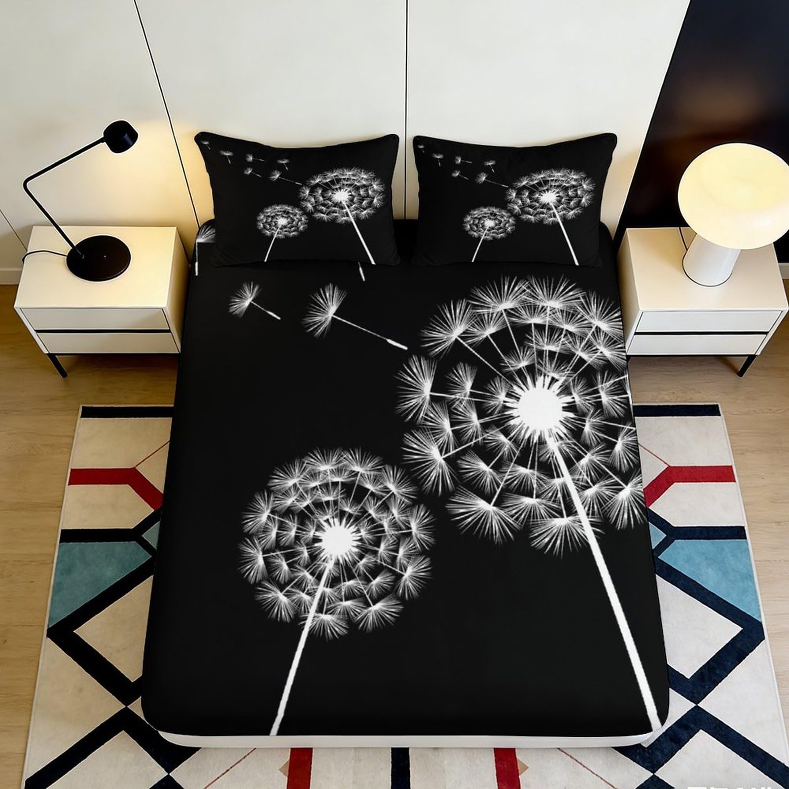 Jqzkxnhpbr Style-8 3D Printed Dandelion Art Fitted Sheet Microfiber Black White Mattress Cover For Bedroom Guest Room Decor 90X200x25cm