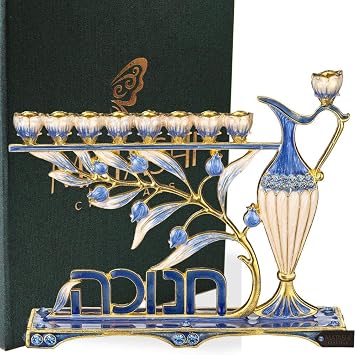 Matashi Hand Painted Enamel Menorah Candelabra Embellished with | Gold Accents and Crystals Hebrew, Jewish Candle Holder Hanukkah Gift Housewarming Present Showpiece for Living Room