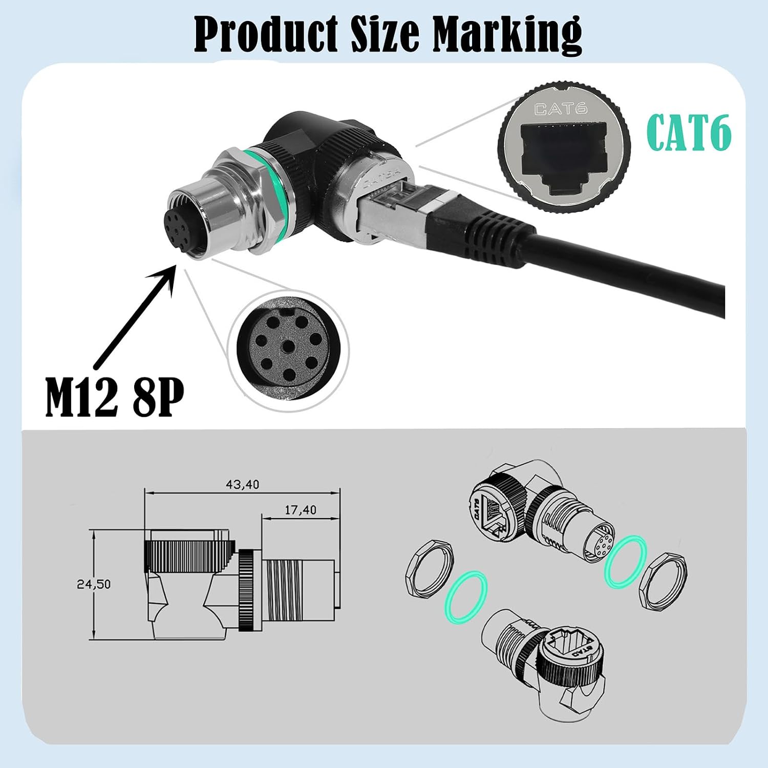 12mm 8Pin a Type to RJ45 Industrial Adapter Construction Supports Cat6 Cat5e Cat5 10Gbps Data Transfer Rate Coupler