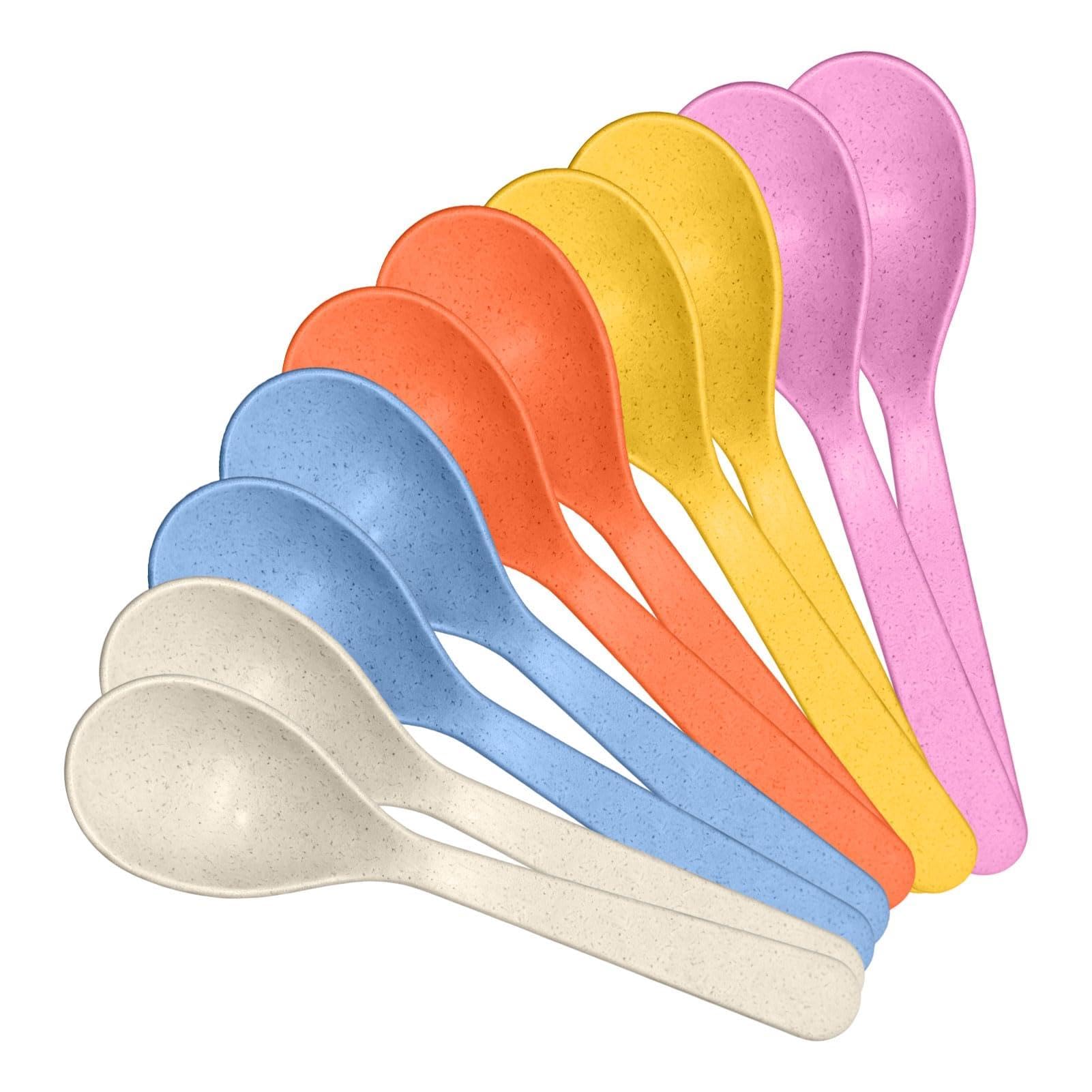10 PCS Plastic Spoons Reusable, Plastic Teaspoons Reusable, Colorful Short Handled Plastic Dessert Spoons, 14 cm PP and Wheat Fiber Utensils for Family Meals and Outdoor Use, 5 Assorted Colors