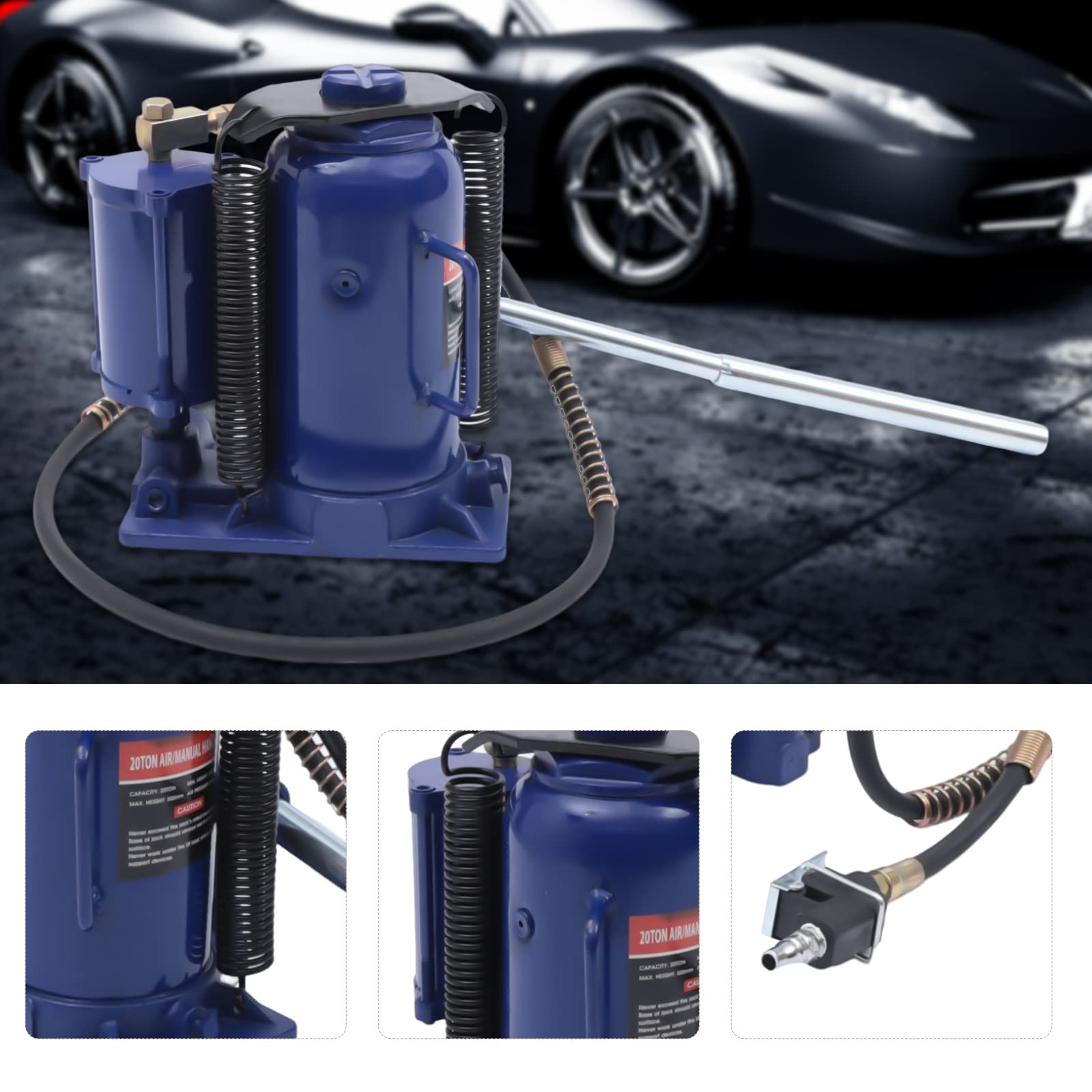 Gato hidráulico neumático de acero para botellas de 20 toneladas, gato hidráulico para coche con bomba manual manual, soporte de elevación hidráulico azul con manguera de aire de 117 cm de largo