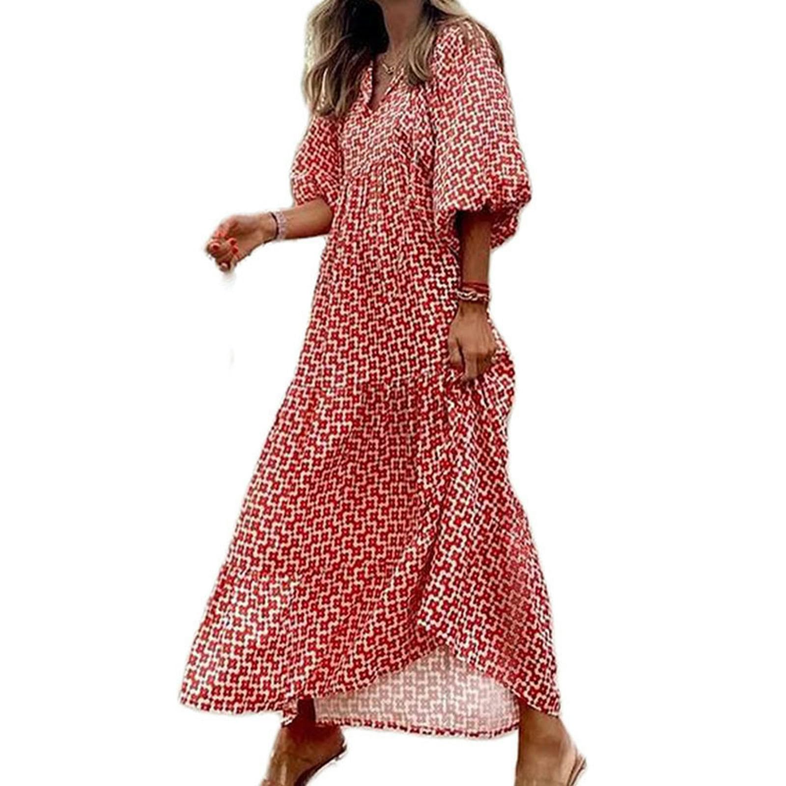 Robe longue d'été à col en V et ourlet superposé fluide motif floral bohème
