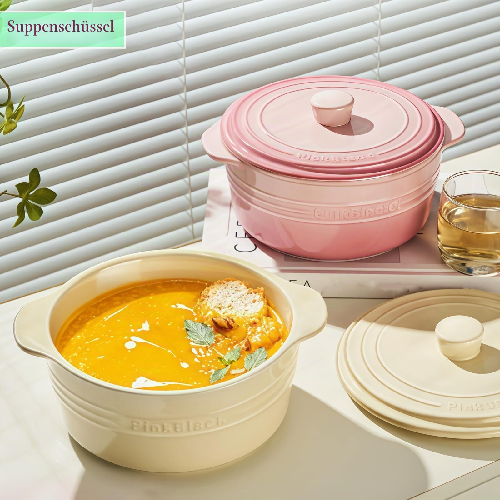 Große Suppenschüssel mit Griffen und Deckel, 1800 ml Ramenschüssel für Instant-Nudeln, mikrowellengeeignet
