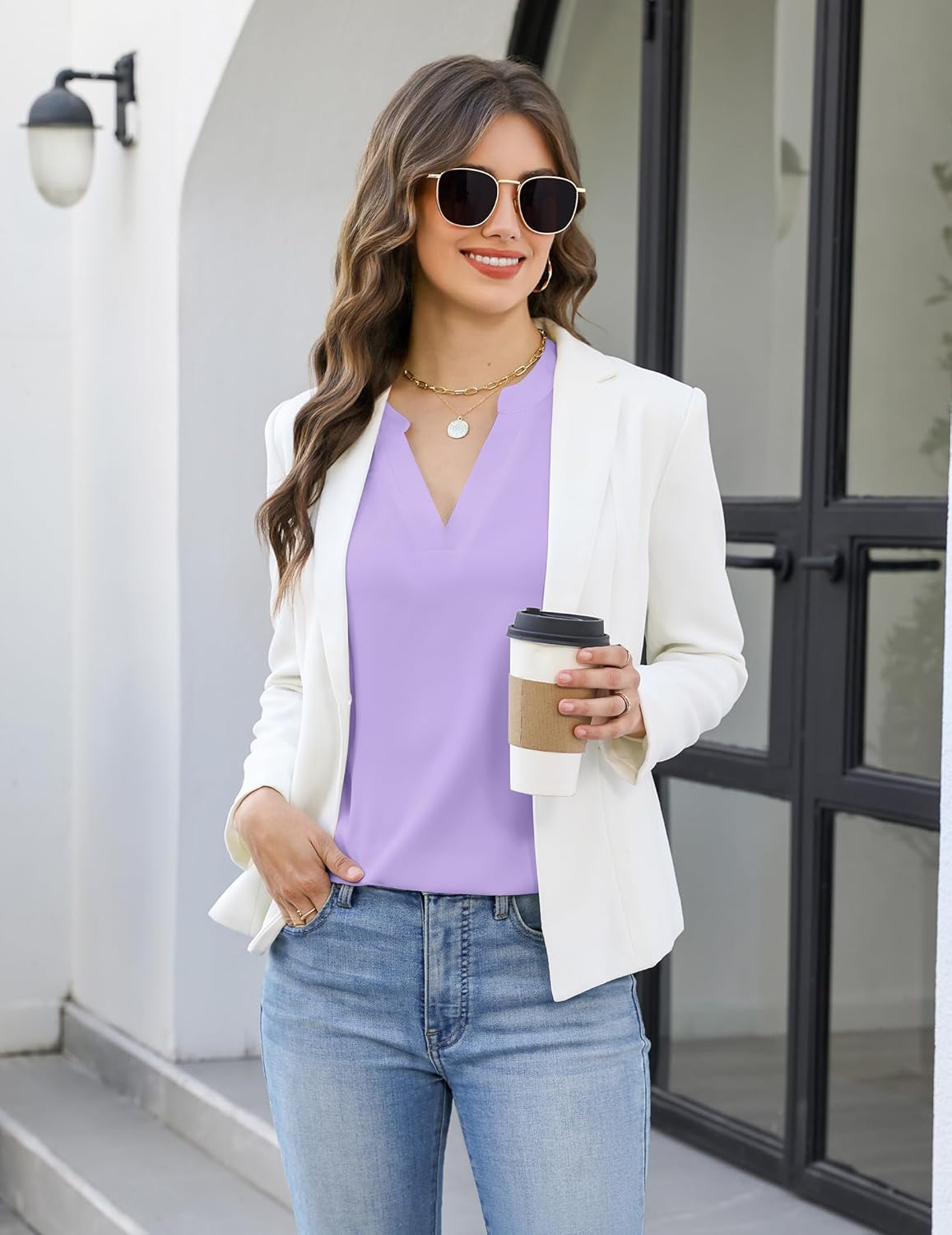 AGSEEM Blouses for Women Dressy Casual Ruffle Sleeve V Neck Henley Shirts Business Casual Work Blouses Flowy Summer Tops 2026 - Image 3