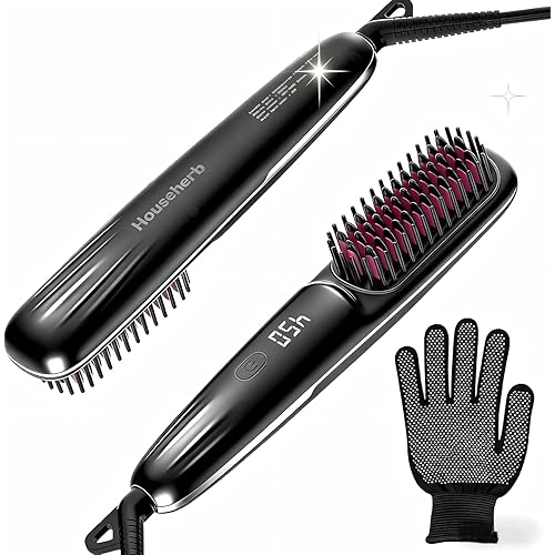 Hair Straightener Brush for Women, 2-in-1 Hot Comb & Straightening Brush with 9 Temperature Settings, Up to 450℉ for Frizz-Free, Smooth Hair – Perfect for Home, Office & Travel (Grey)