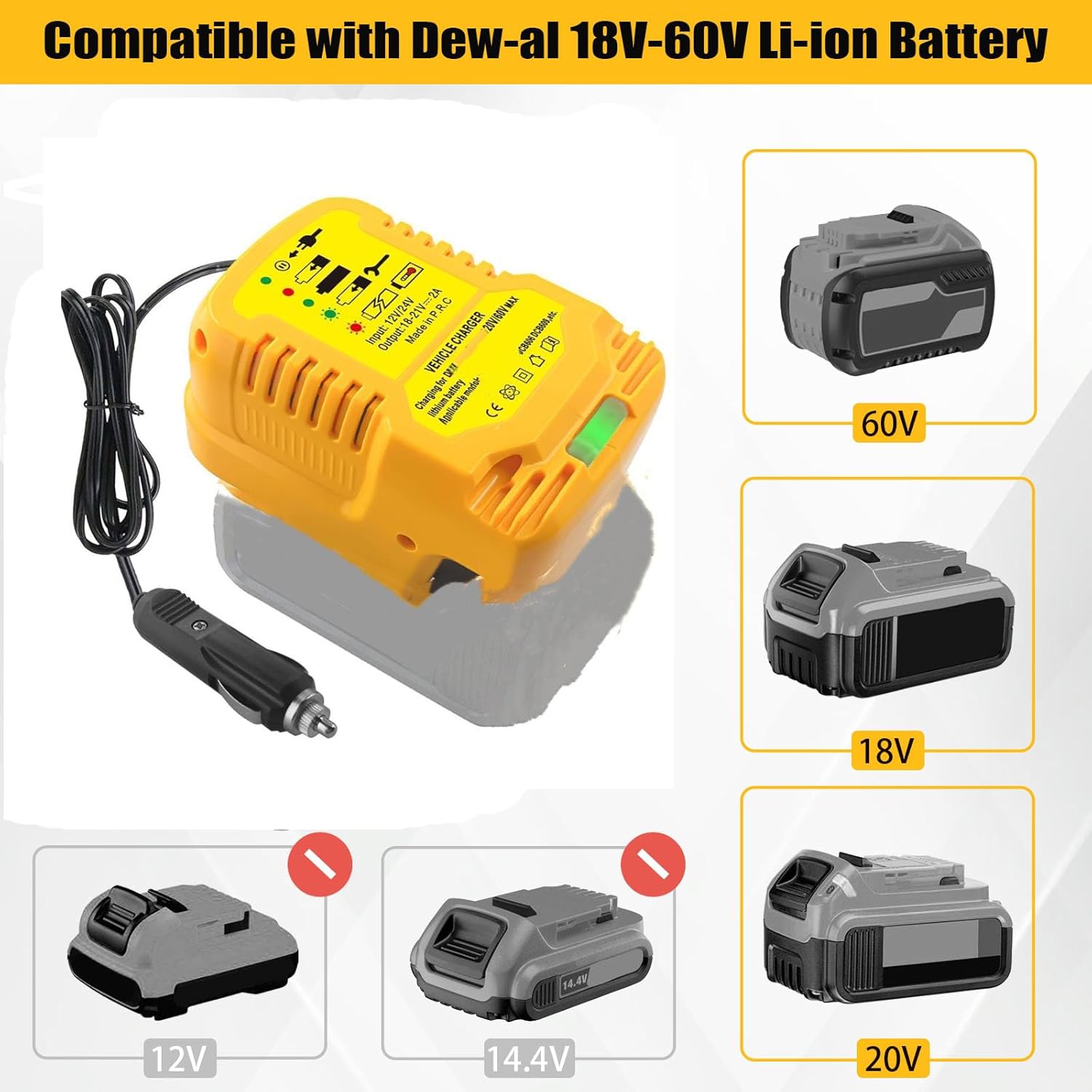 for Dewalt 20V/60V Lithium Battery Charger Replacement, Mini Car Adapter for Dewalt 20V/60V Lithium Battery with Cigarette Lighter Plug Vehicle Charger