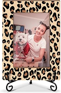 Leopard Print Picture Frame, Wooden Photo Frame with Stand, Birthday Gif...