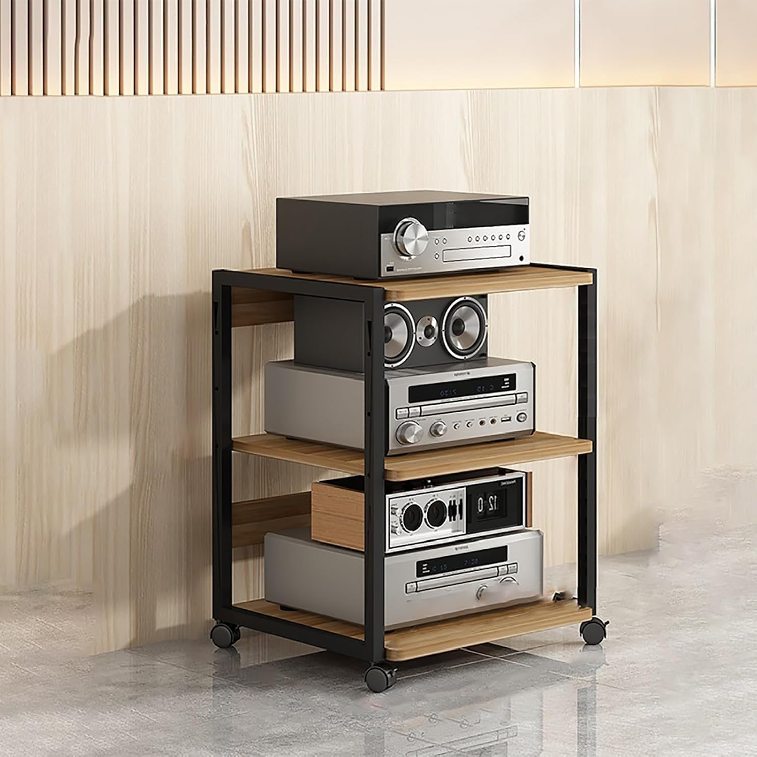 Stojak na sprzęt audio HiFi, 3/4-poziomowy stojak na sprzęt audio-video z kółkami, wielofunkcyjne, drewniane półki z regulacją wysokości, do przechowywania wzmacniacza/dekodera TV/drukarki (styl
