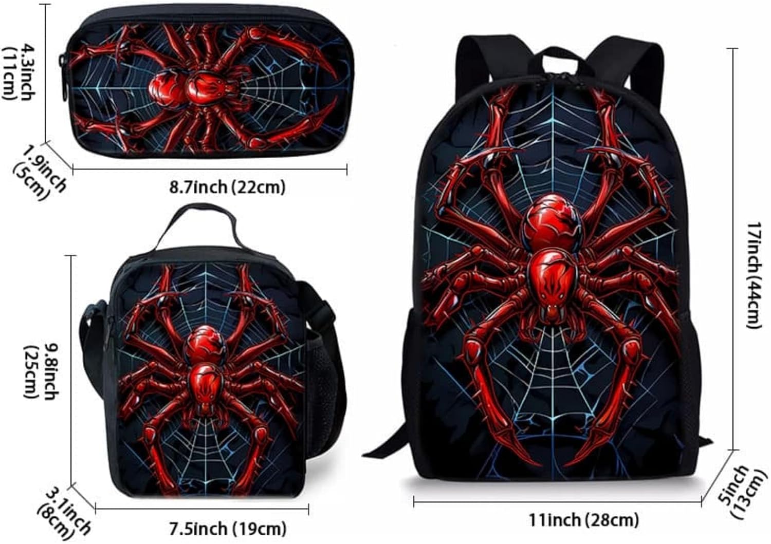 KAweh Cool Spider Backpack Set, 3PCS Bookbag with Lunch Bag & Pencil Pouch for Travel & Daily Use (red)
