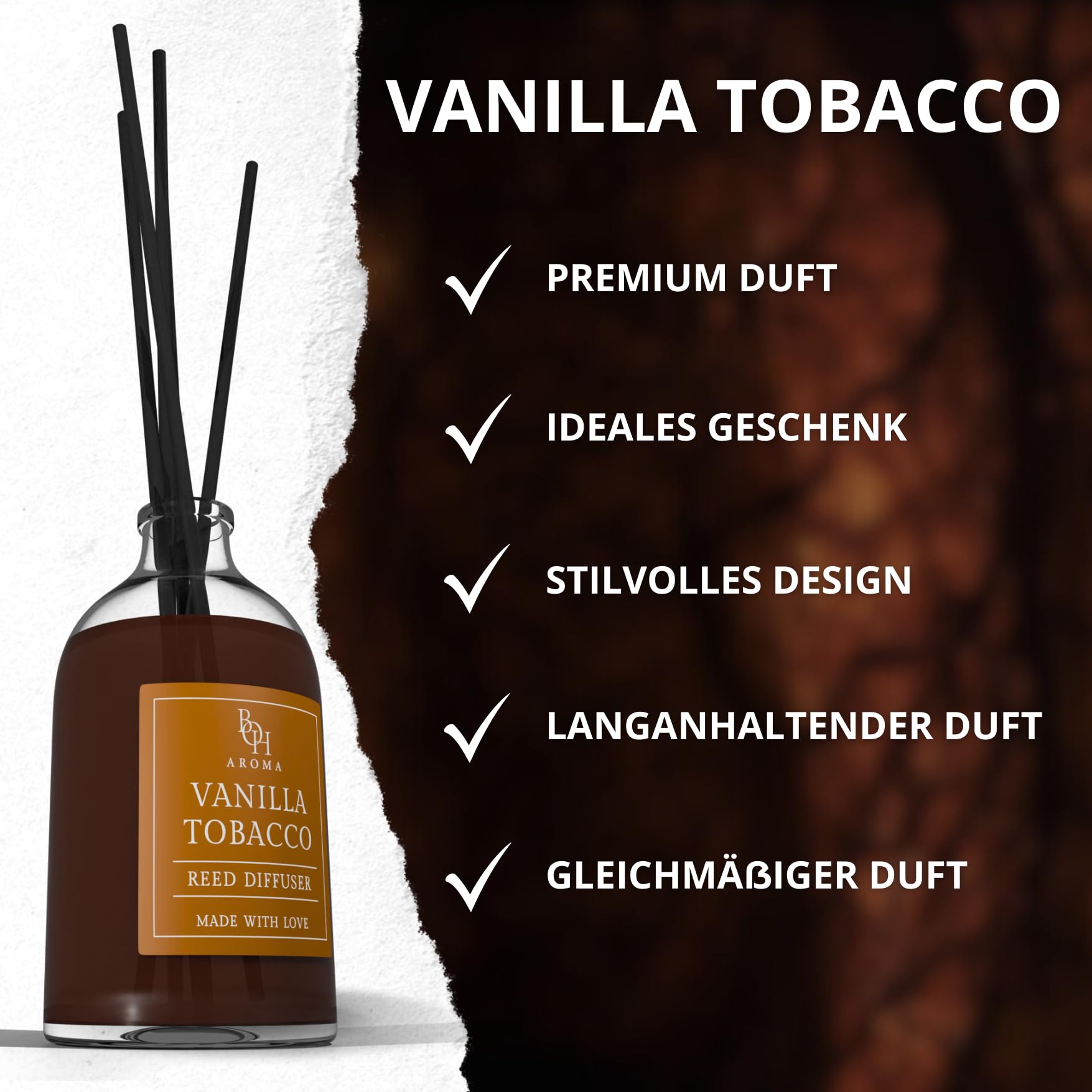Raumduft Vanilla Tobacco | Reed Diffuser mit 5 Duftstäbchen | 100ml | Lufterfrischer mit Duftstäbchen für die Wohnung | Diffuser mit Stäbchen