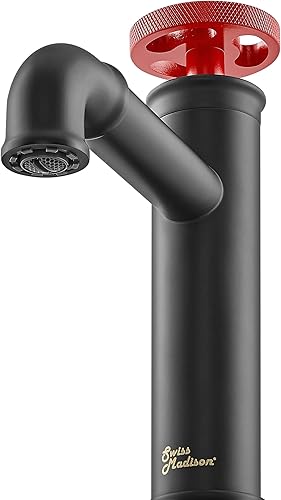 Miniatura 5 de Swiss Madison Well Made Forever Avallon - Grifo de baño de un solo agujero, mango único, color negro mate con mango rojo