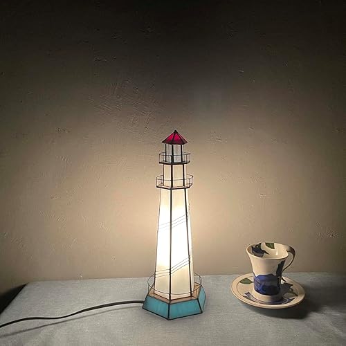 Miniatura 7 de Bieye L10871 Lighthouse Tiffany Style - Lámpara de mesa decorativa con vitrales, luz nocturna para decoración del hogar (5.5x5.5x15, azul)
