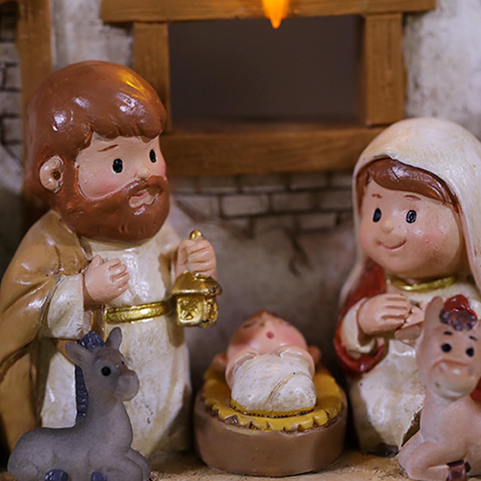 Fenteer Ensemble de Crèche de Noël en Résine Religieuse Miniature, Crèche de Noël, Polyrésine, Ornement de Dessin Animé avec Lumière, Décoration de Noël