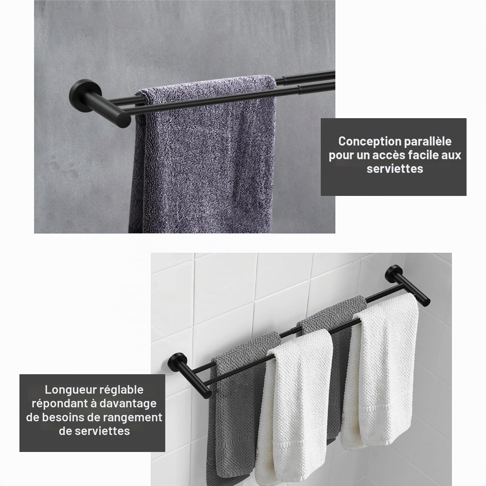 Porte Serviette Rétractable 43-72CM Porte-Serviettes Barre Porte-Serviette Acier Inoxydable Porte-Serviettes Mural, Noir (Double Barre)