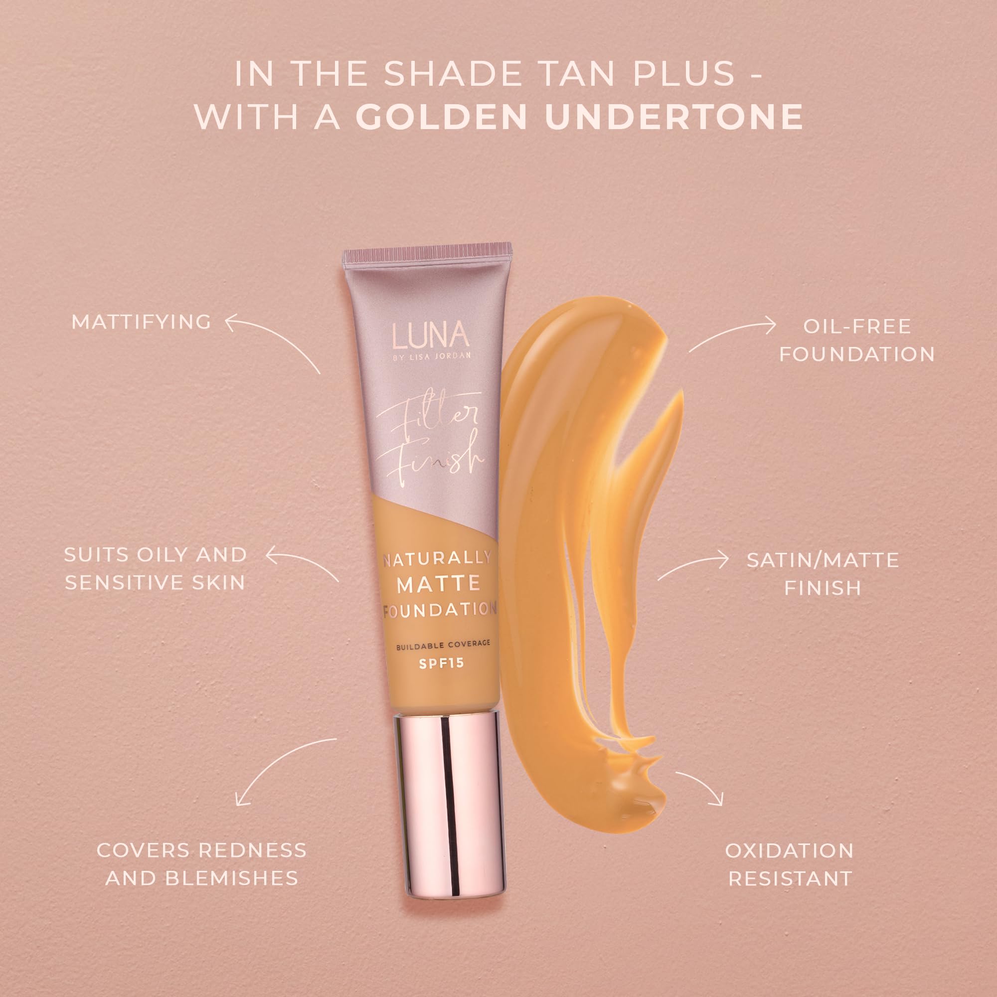 LUNA Matte Foundation in TAN PLUS Shade, Contains Vitamin E and SPF15, Oil-Free Face Foundations with Golden Undertone - Image 3