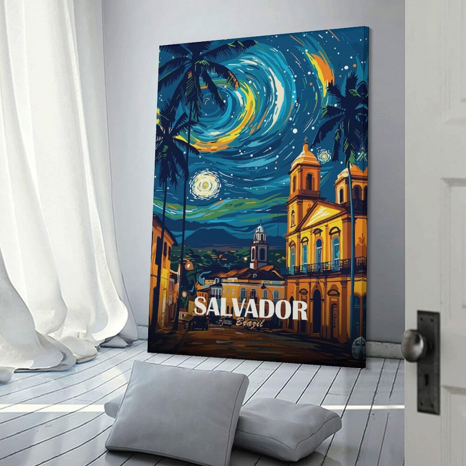 Junmoney Salvador Brazil Cityscape Night Art Wall Art Print, 24x36inch(60x90cm), for Entryway, Lounge Links Or Small Walls, Decorative Canvas Styling for Entry Areas