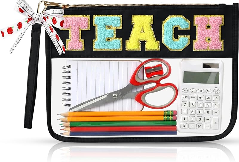 Necessaire Clysee preta com estampa TEACH, transparente, fechamento com zíper e 2 fitas, pacote com 3