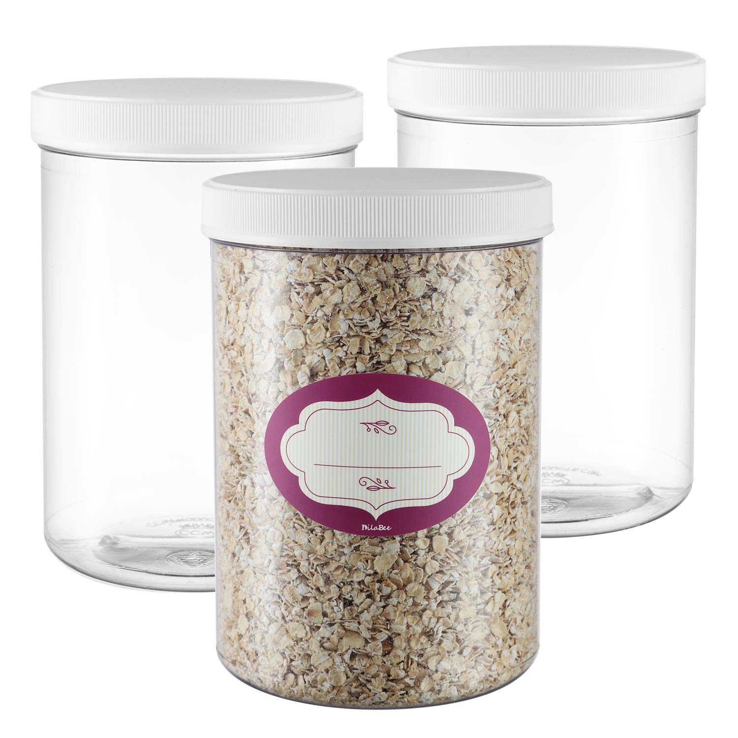 Clear Round Plastic Empty Storage Containers - Tall Canisters w/Plastic Airtight Lids - Empty Jugs with Labels- Wide Mouth Easy Clean - Great for Commercial & Industrial Use (3 Pack 52 Oz)