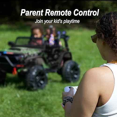 Miniatura 5 de Juguete de paseo de 12 V 4WD para niños grandes, camión de 2 plazas para niños con control remoto, Bluetooth, verde militar