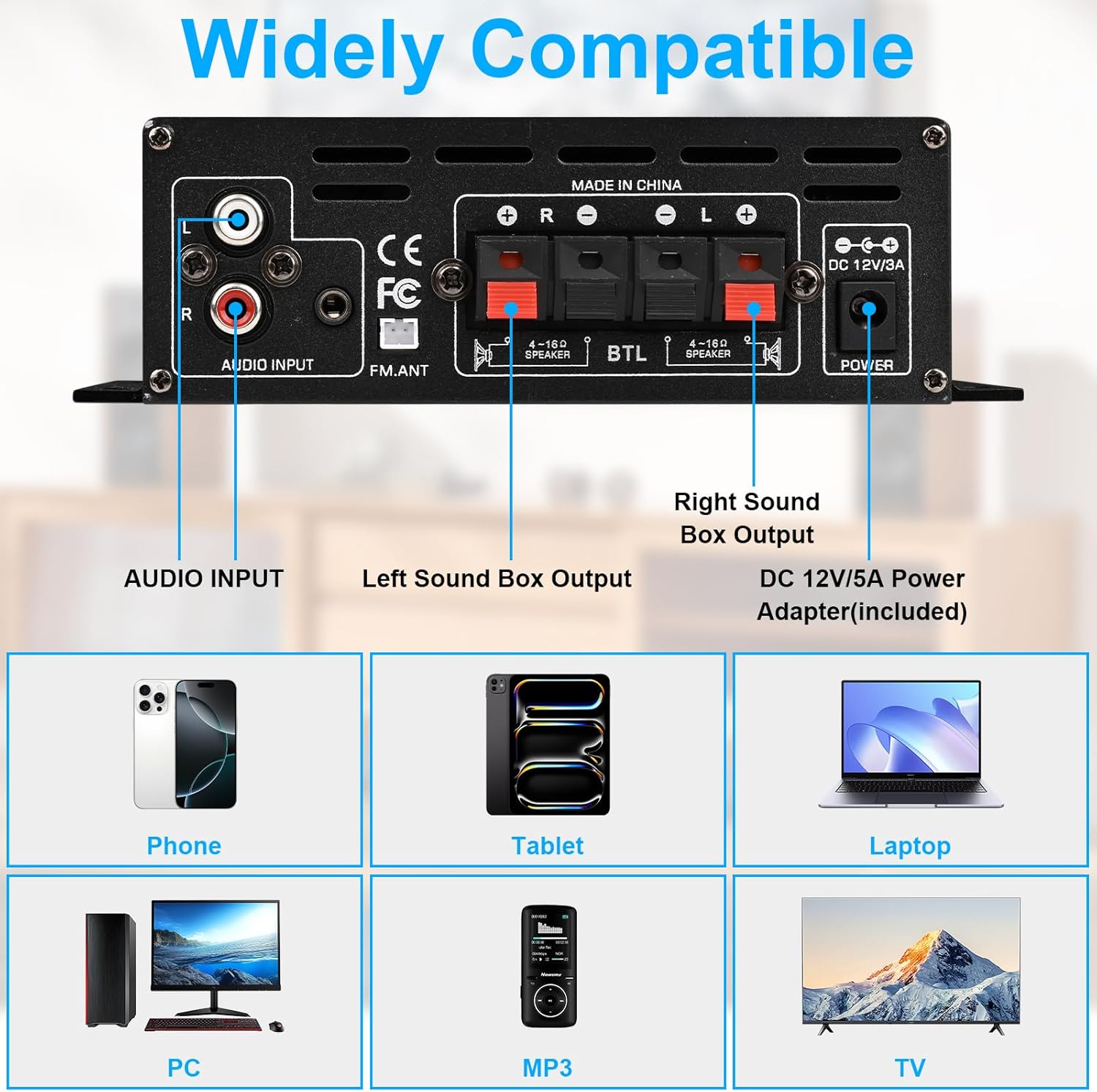 Stereo Amplifier Home Audio Receiver AK-390,AMP Speaker Bluetooth 5.0 Amplifier 400W+400W 2 Channels with 12V/5A Power Amplifier HiFi Amplifier FM Radio,(BT,USB, AUX, Mic)Input for Home Party