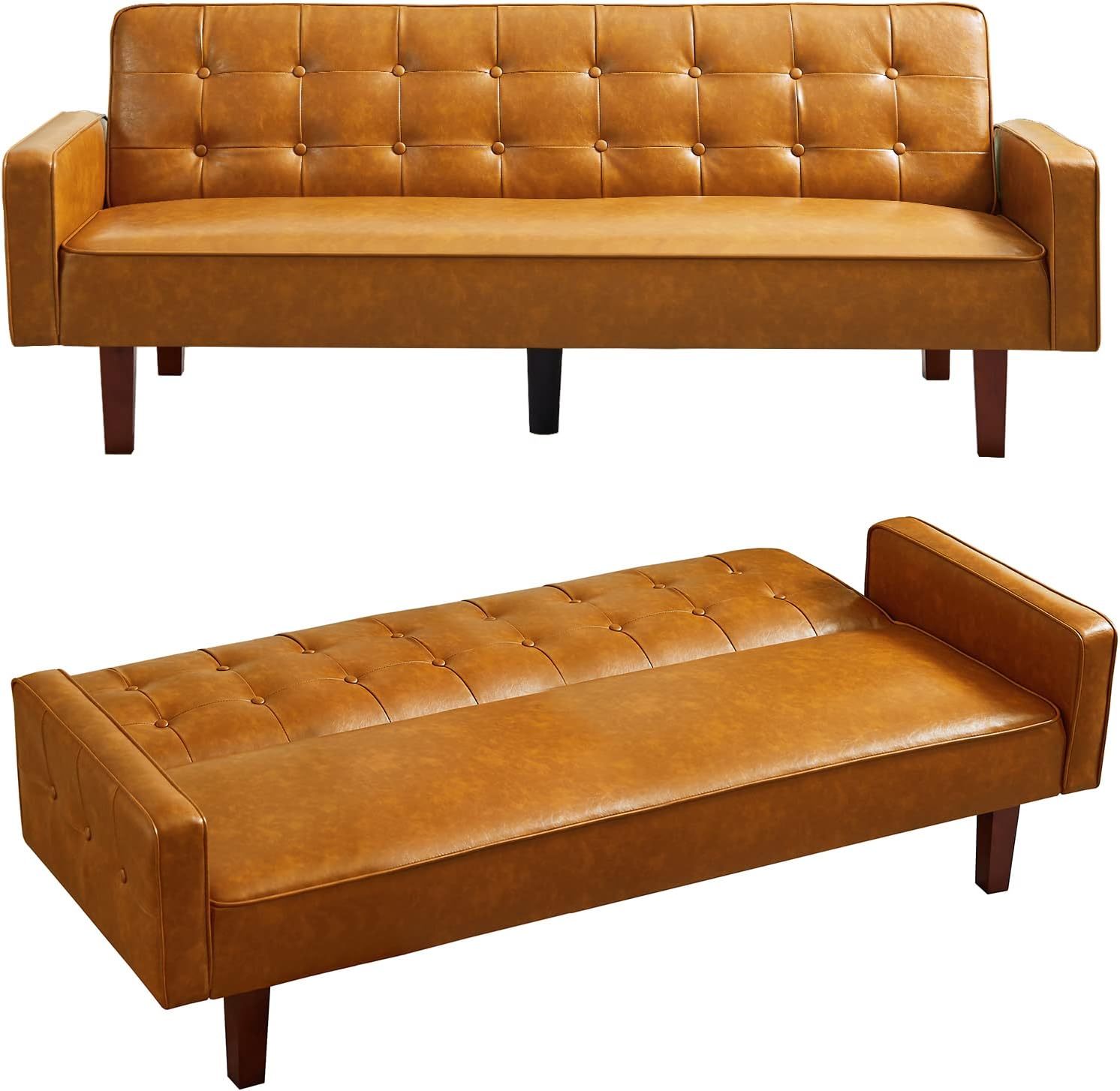 mikibama PU Futon Sofa Couch for Living Room Convertible Faux Leather Upholstered Futon Sleeper Sofa Bed Channel Tufted Bedroom Futons with Solid Wood Legs for Small Spaces