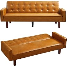 Setawix PU Upholstered Futon Sofa Bed Modern Convertible Sleeper Sofa Couch for Living Room 74" Tufted 3 Seater Sofa Futons for Bedroom,Guest,Office,Dorm and Small Spaces, Brown